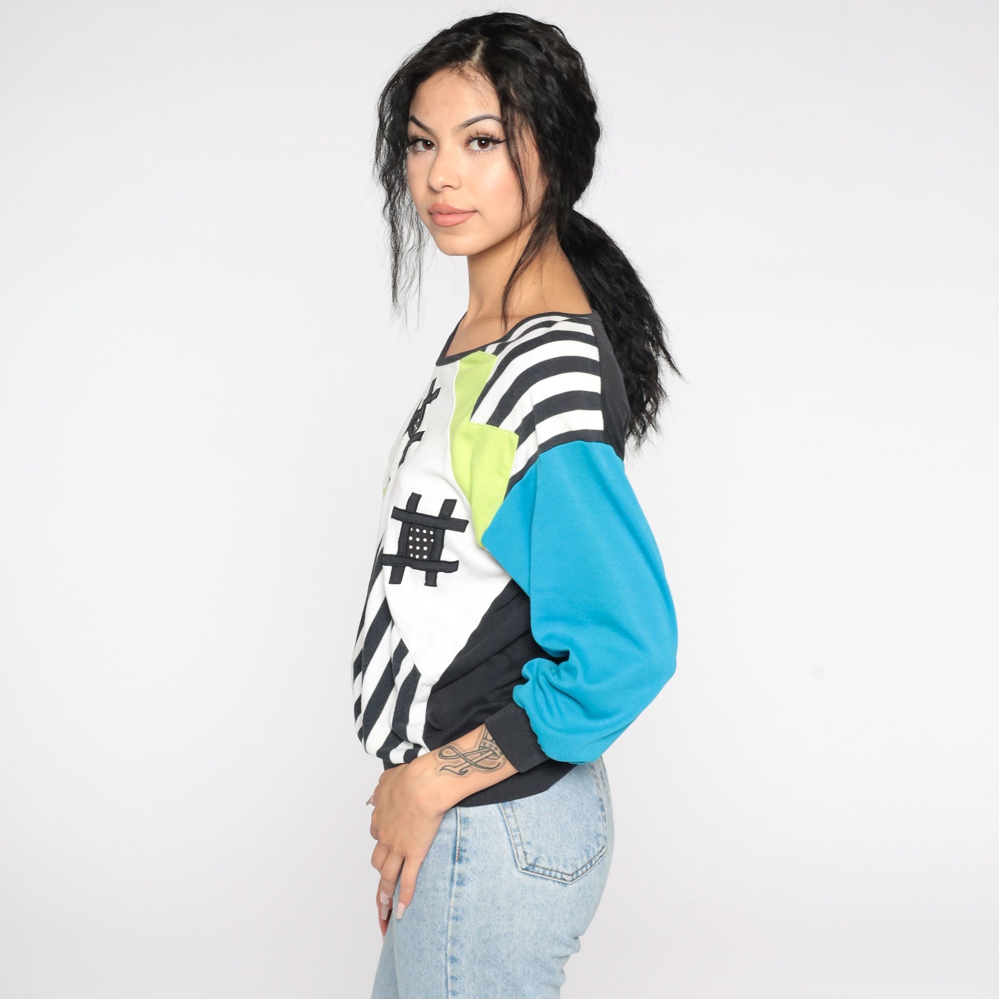 80s Colour Block Striped Sweatshirt Blue Green Crewneck Pullover Small