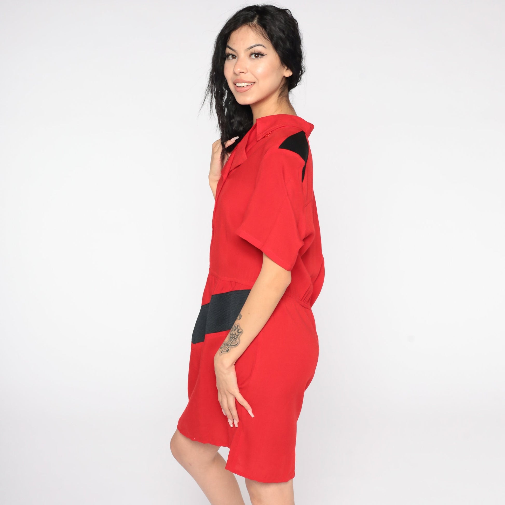80s Red Mini Sheath Dress Button-Up V-Neck Short Sleeve Medium Large