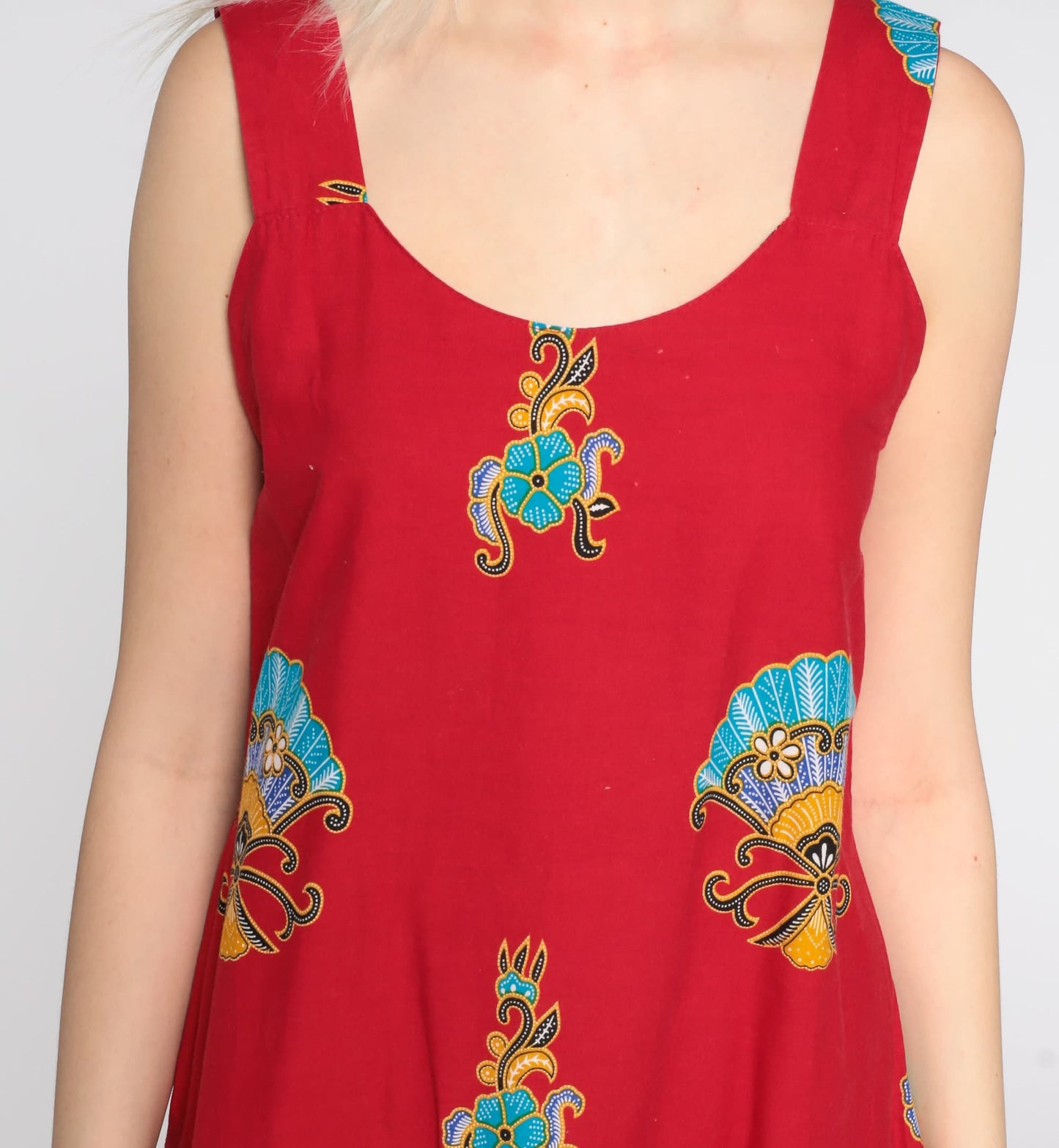 90s Red Floral Midi Dress Sleeveless Sheath Sundress Small
