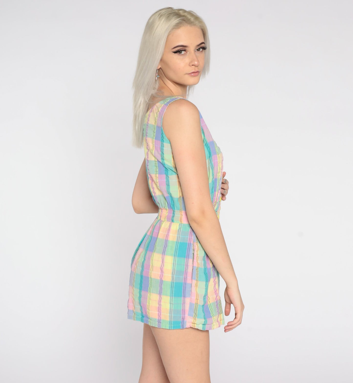 80s Pastel Plaid Romper Sleeveless High Waist Button Front Purple Turquoise Small