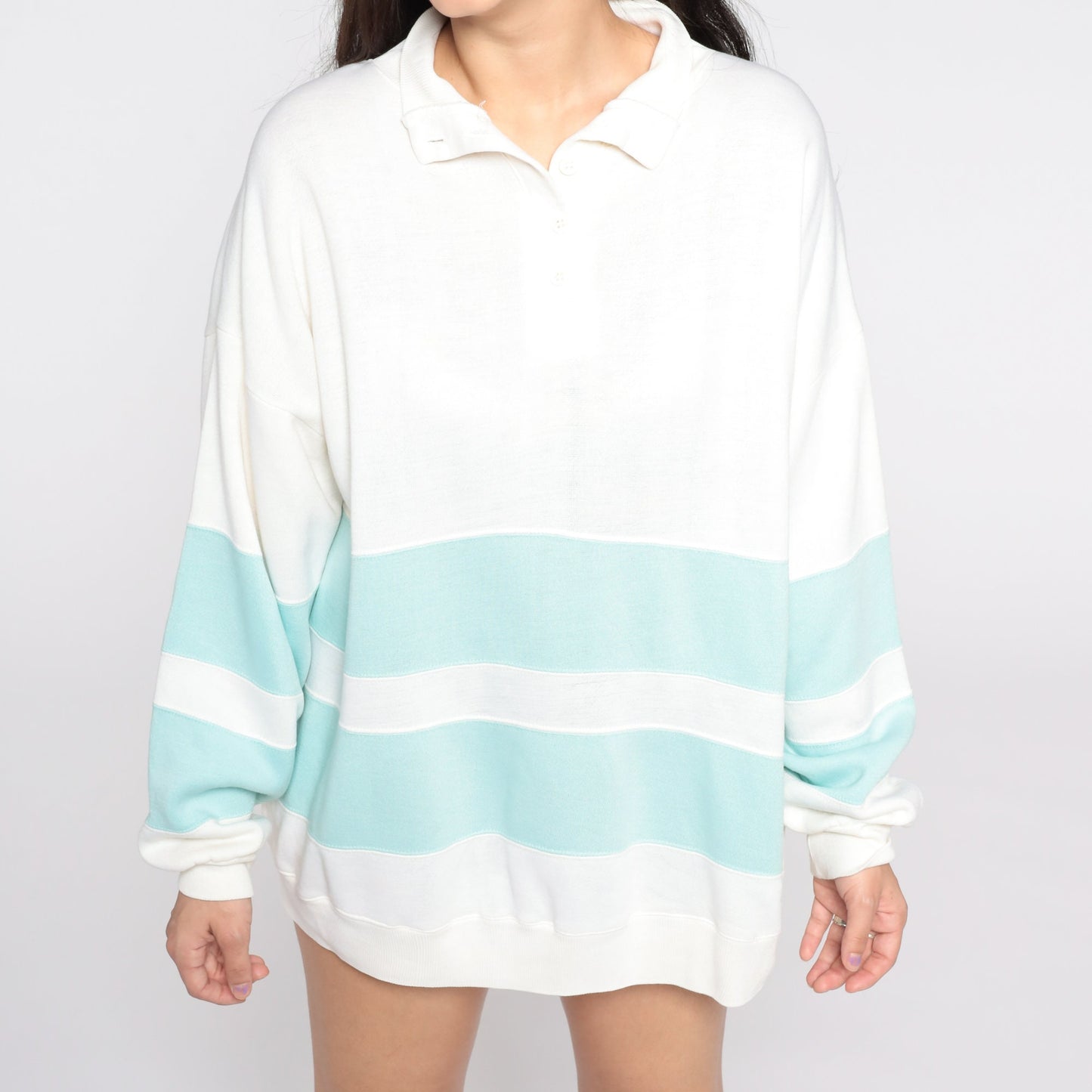 80s Mister Noah Striped Sweatshirt White Blue Button Neck Large L