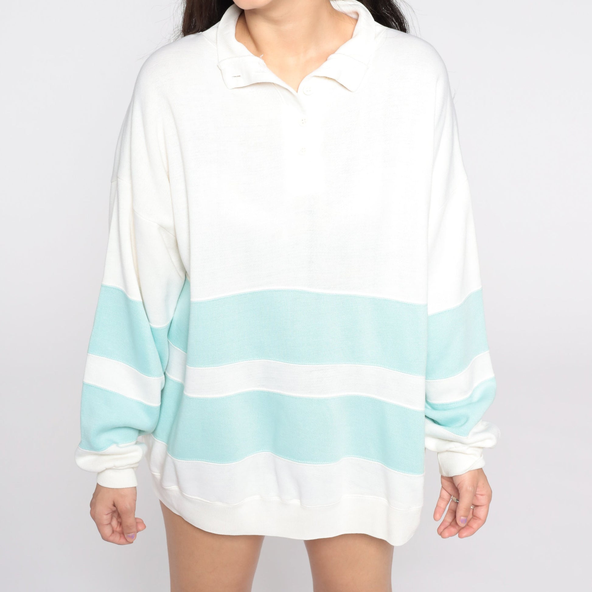 80s Mister Noah Striped Sweatshirt White Blue Button Neck Large L