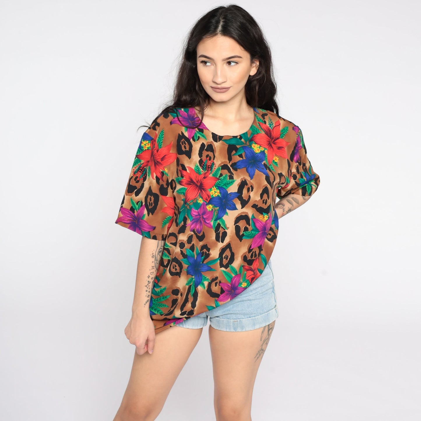 90s Tropical Floral Leopard Print Short Sleeve Blouse Large