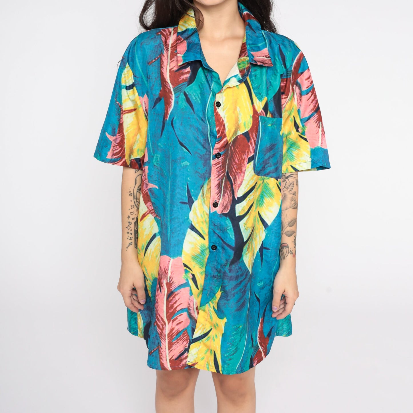 80s Tropical Leaf Print Hawaiian Button-Up Blouse Blue Short Sleeve Extra Large