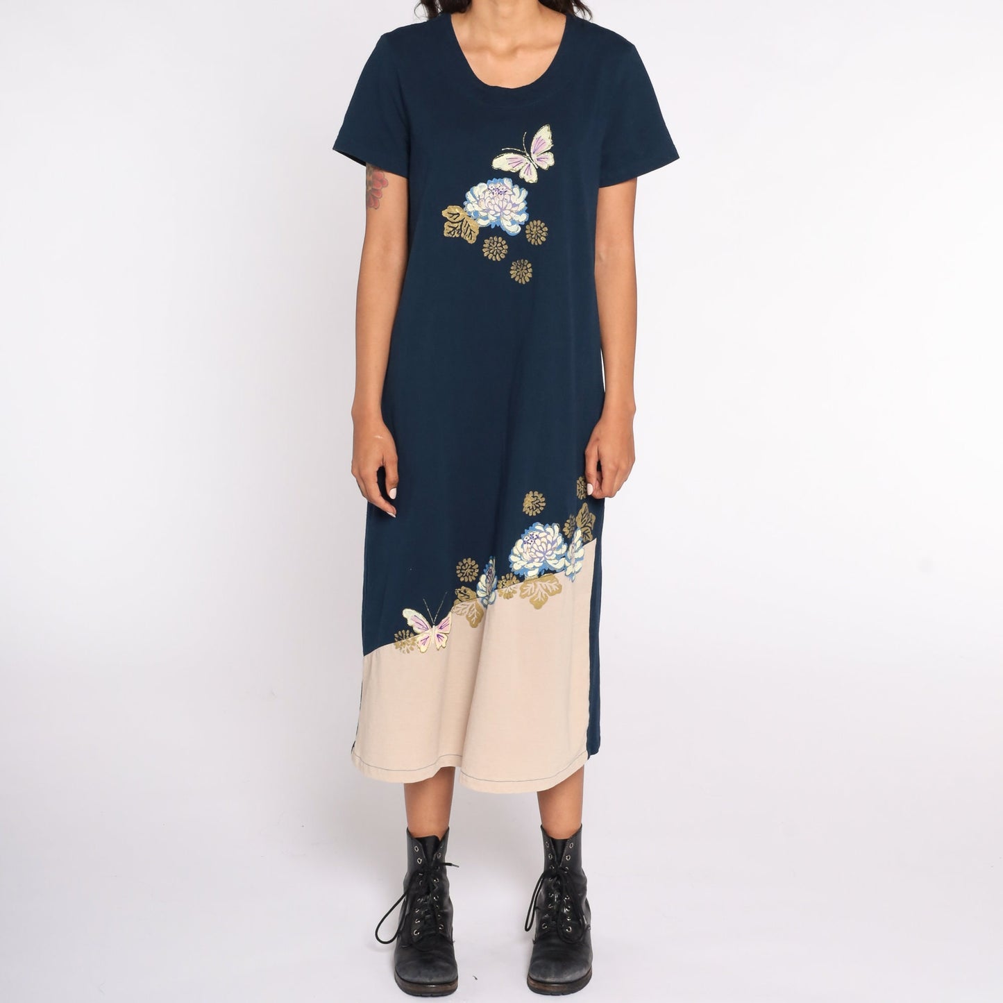 90s Butterfly Floral Metallic Print Midi Shift Dress Blue Short Sleeve Medium
