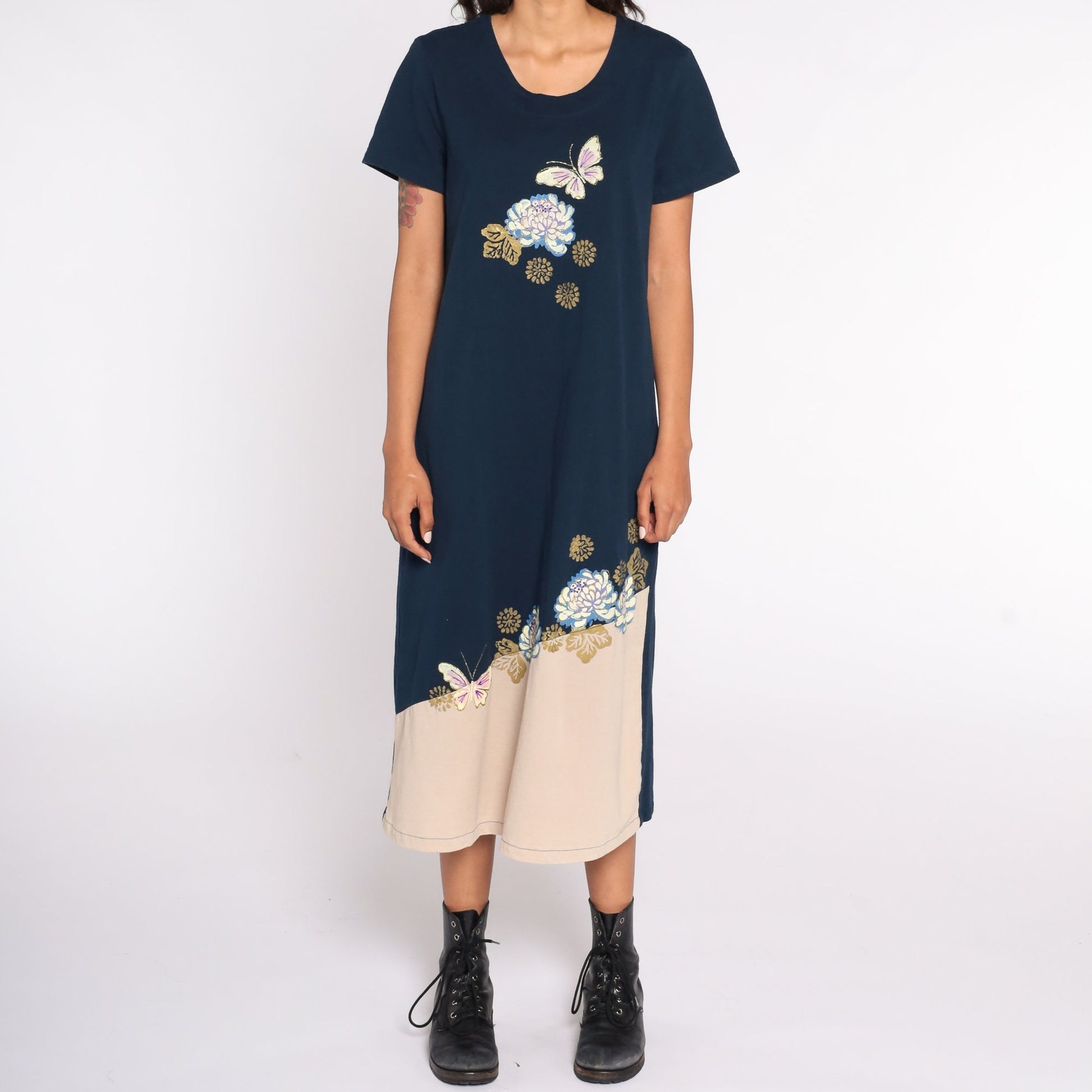 90s Butterfly Floral Metallic Print Midi Shift Dress Blue Short Sleeve Medium