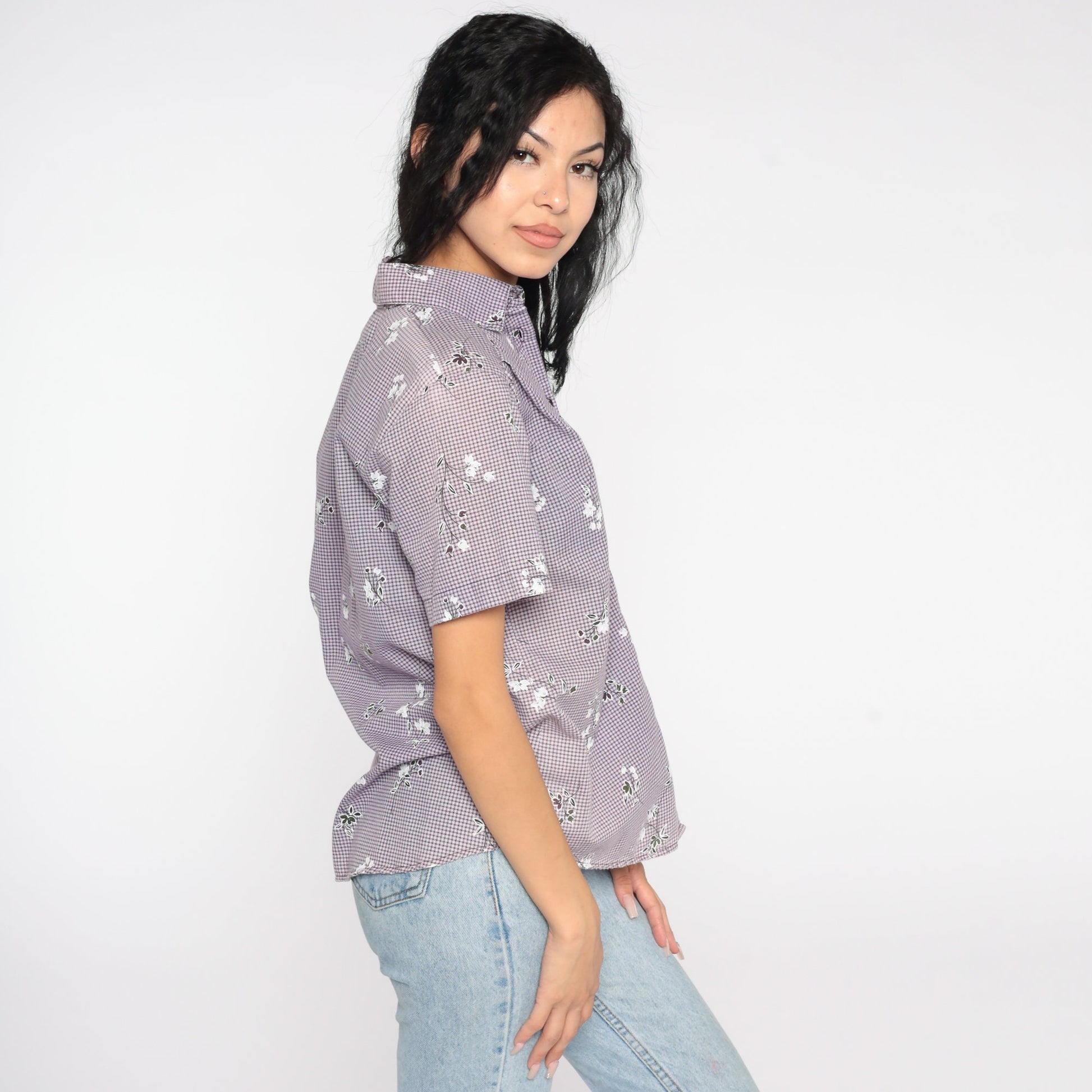 90s Purple Gingham Floral Button-Up Shirt Short Sleeve Small Petite