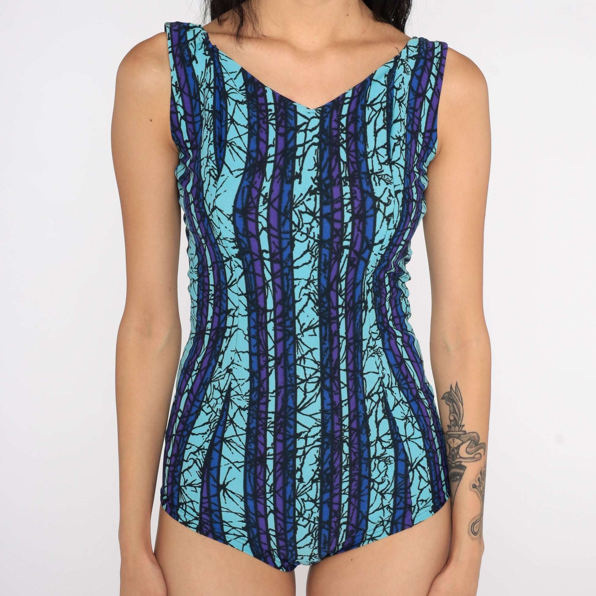 60s Purple Blue Striped One-Piece Swimsuit Scoop Back Small