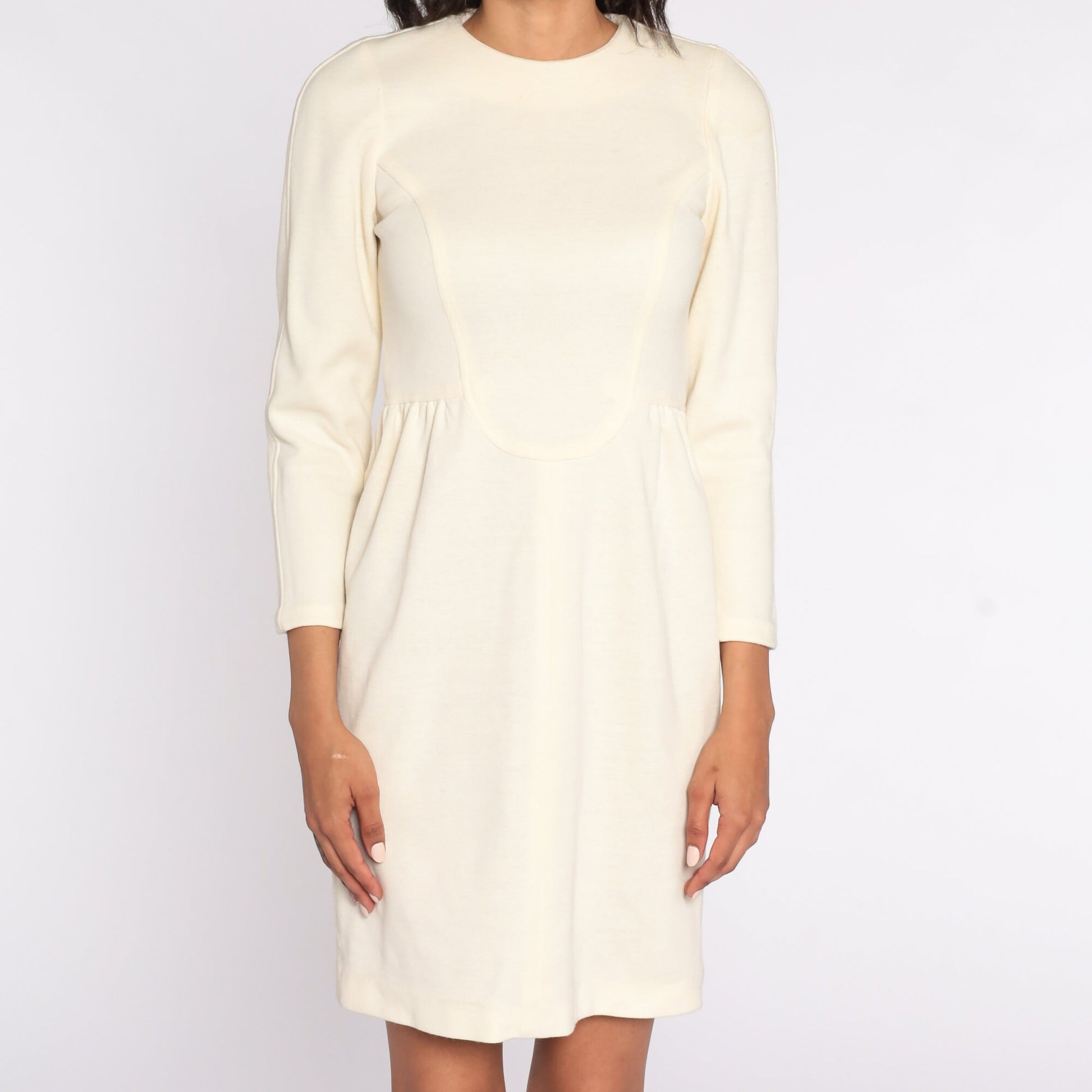 90s Cream Knit Mini Dress High Waist Long Sleeve Extra Small XS