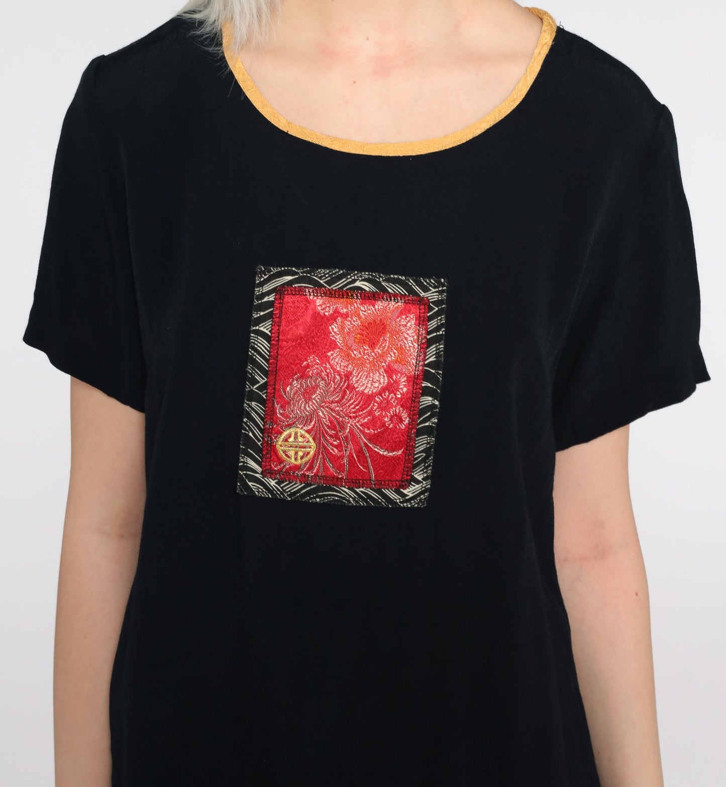 90s Black Mini Shift Dress Floral Embroidery Short Sleeve Small S
