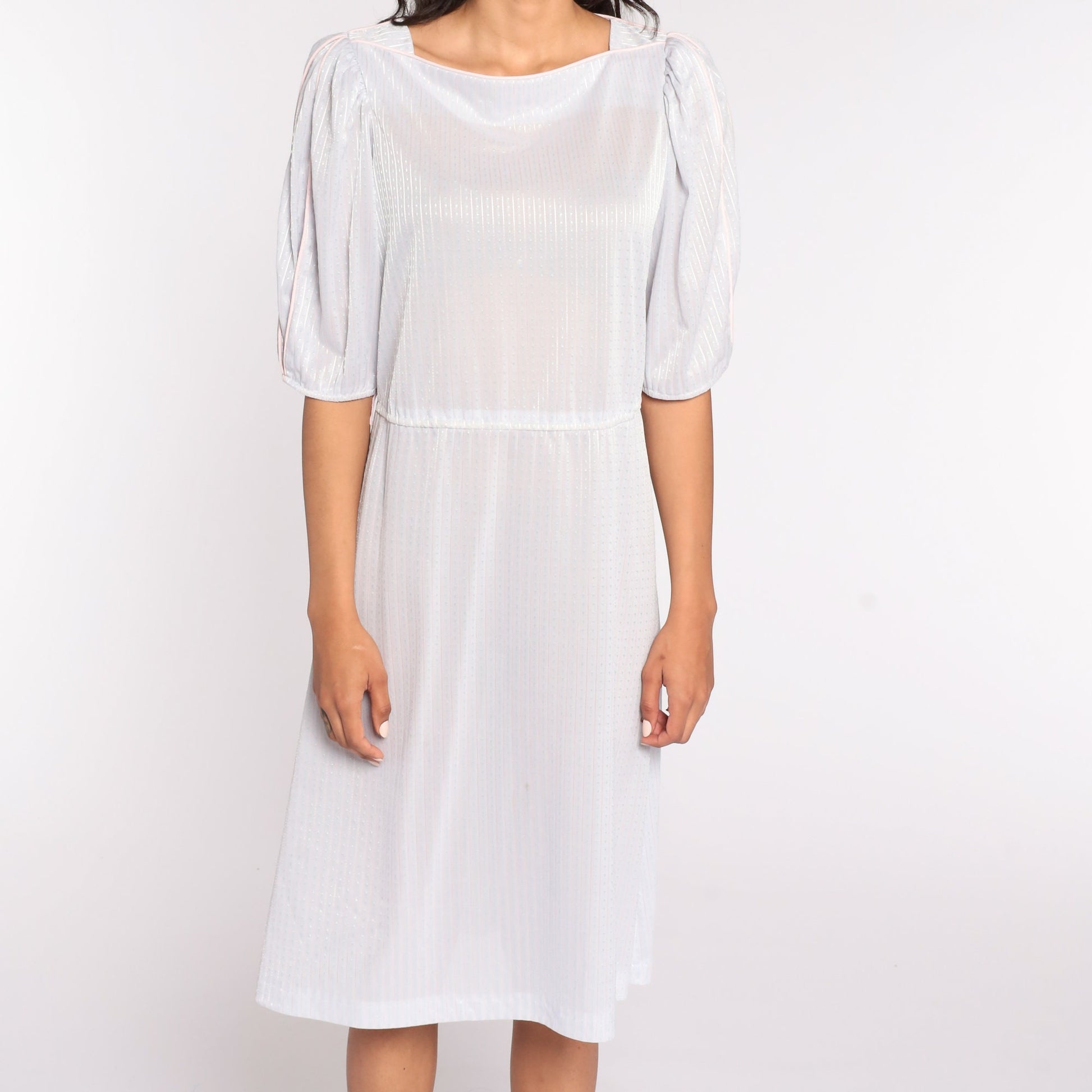 80s Grey Striped Puff Sleeve Midi Dress Semi-Sheer Medium