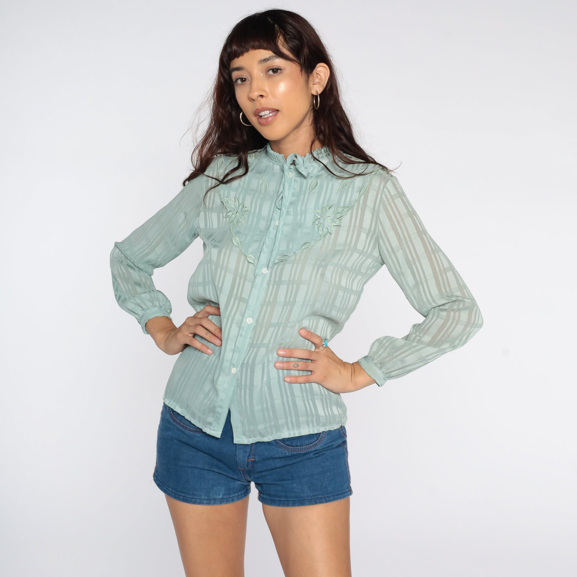 80s Blue Striped Floral Ascot Blouse Embroidered Sheer Button Up Small