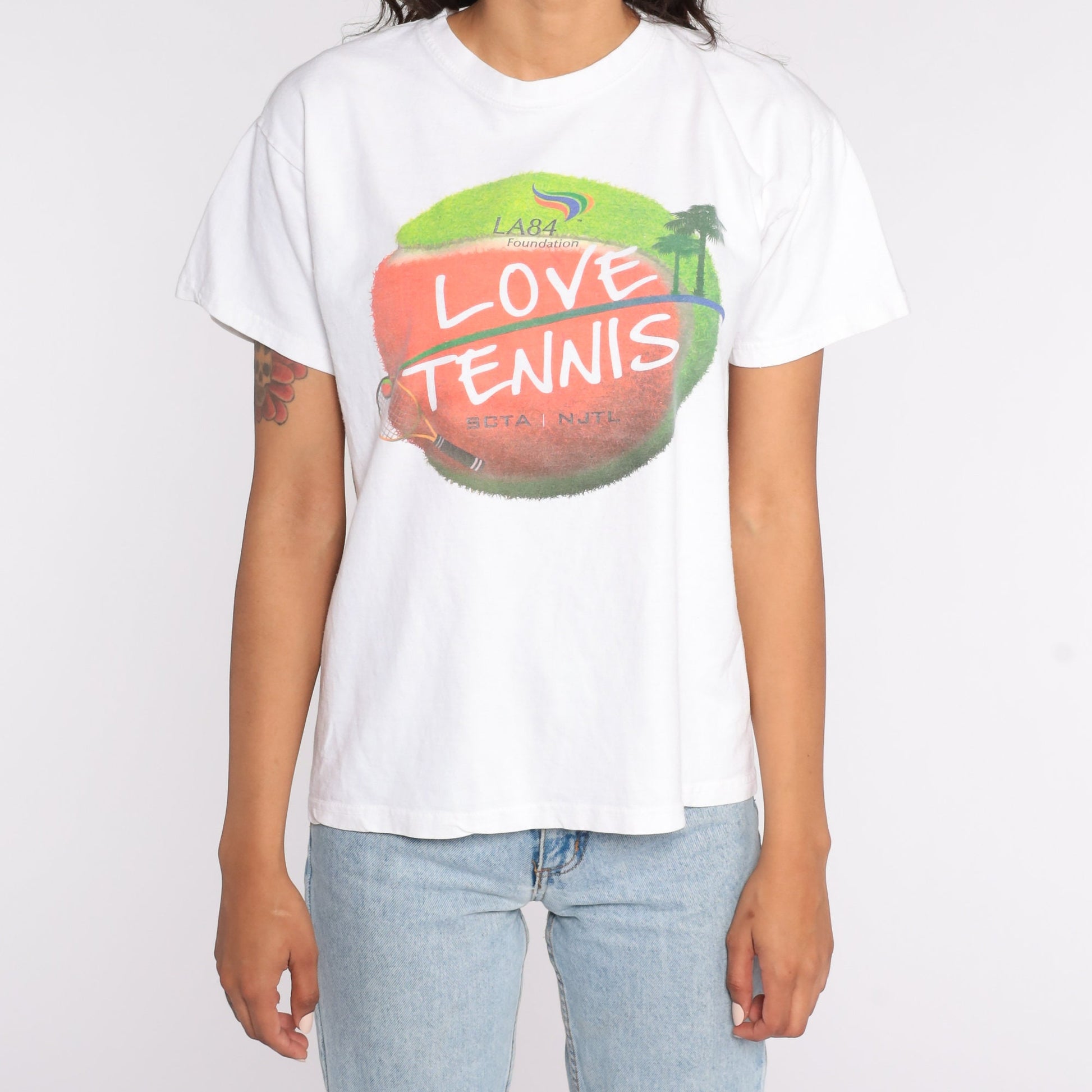 90s LA84 Love Tennis Graphic T-Shirt Cotton Athletic Tee Medium