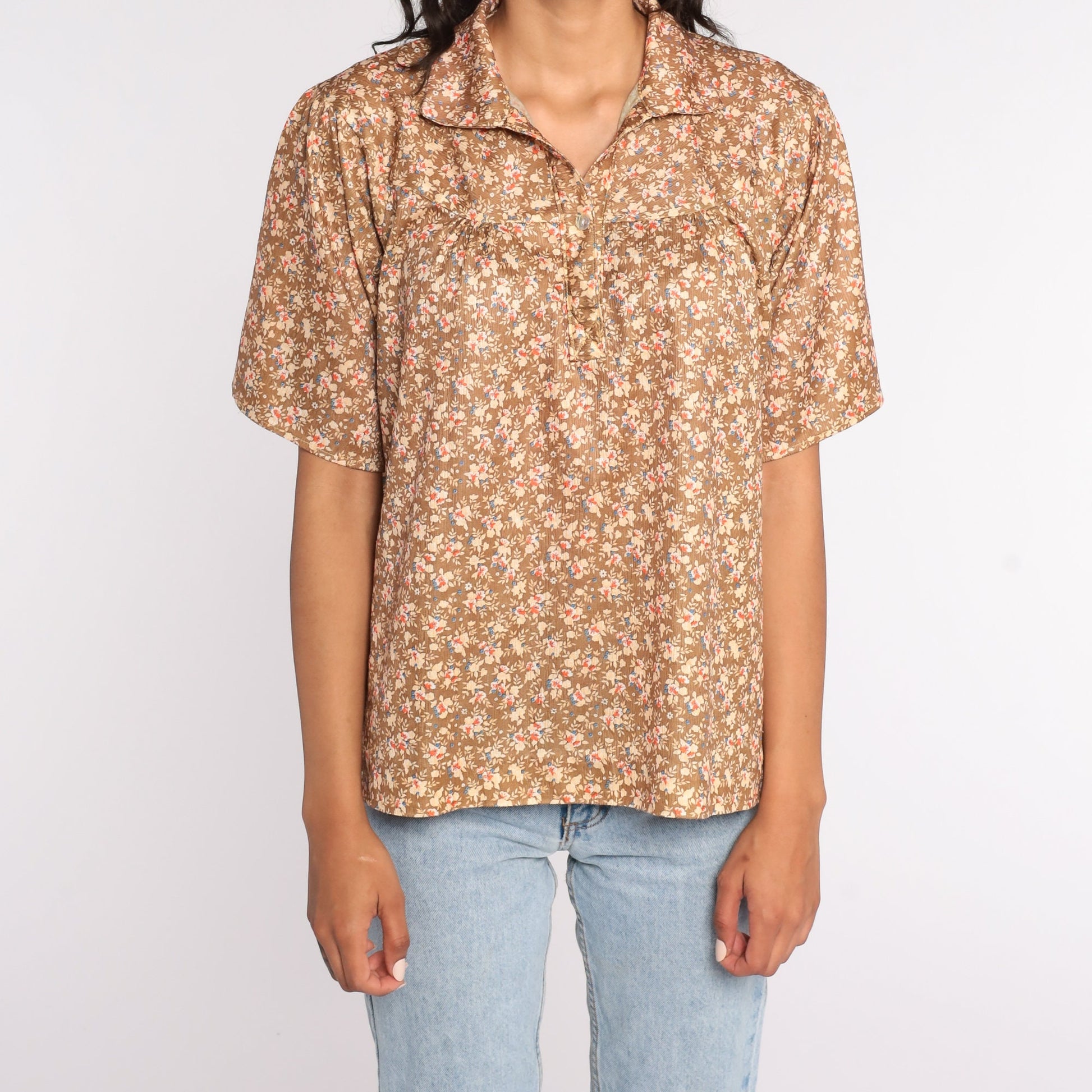70s Brown Floral Button-Up Shirt Short Sleeve Blouse Large L