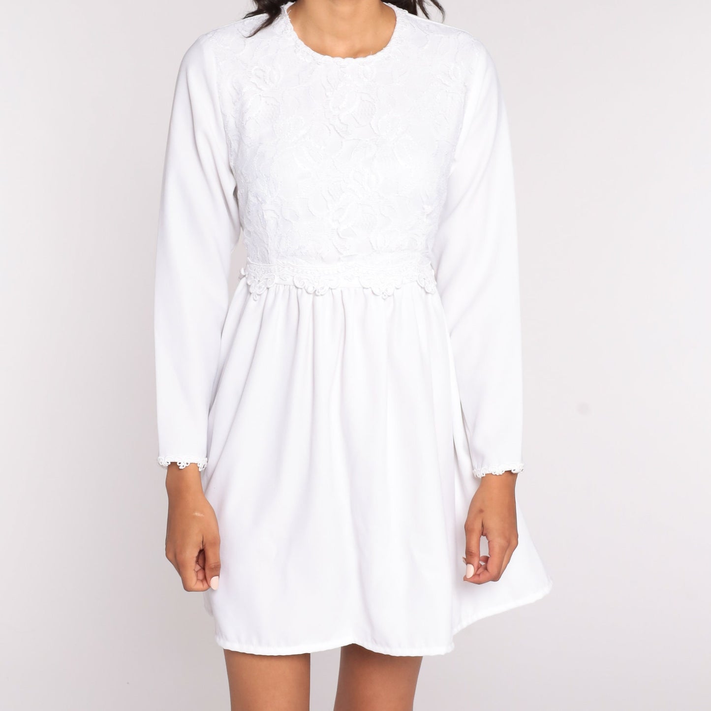 90s White Lace Babydoll Mini Dress Long Sleeve High Waist Small
