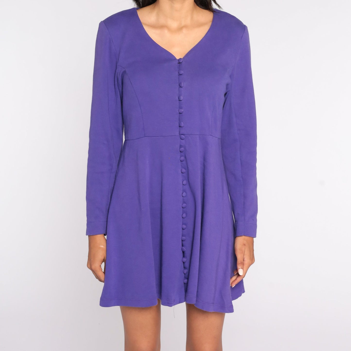 80s Purple Babydoll Mini Dress Button-Up High Waist Long Sleeve Medium