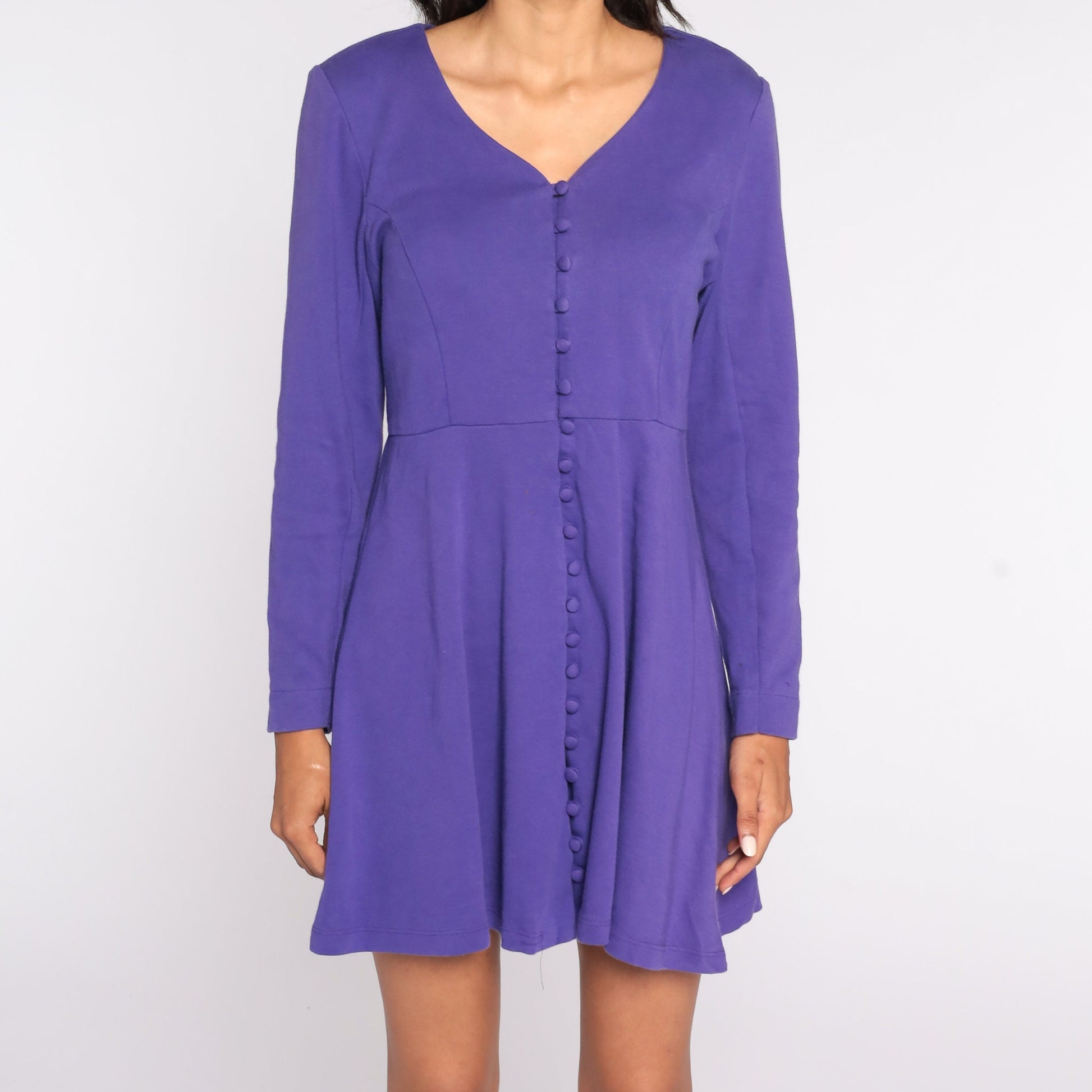80s Purple Babydoll Mini Dress Button-Up High Waist Long Sleeve Medium