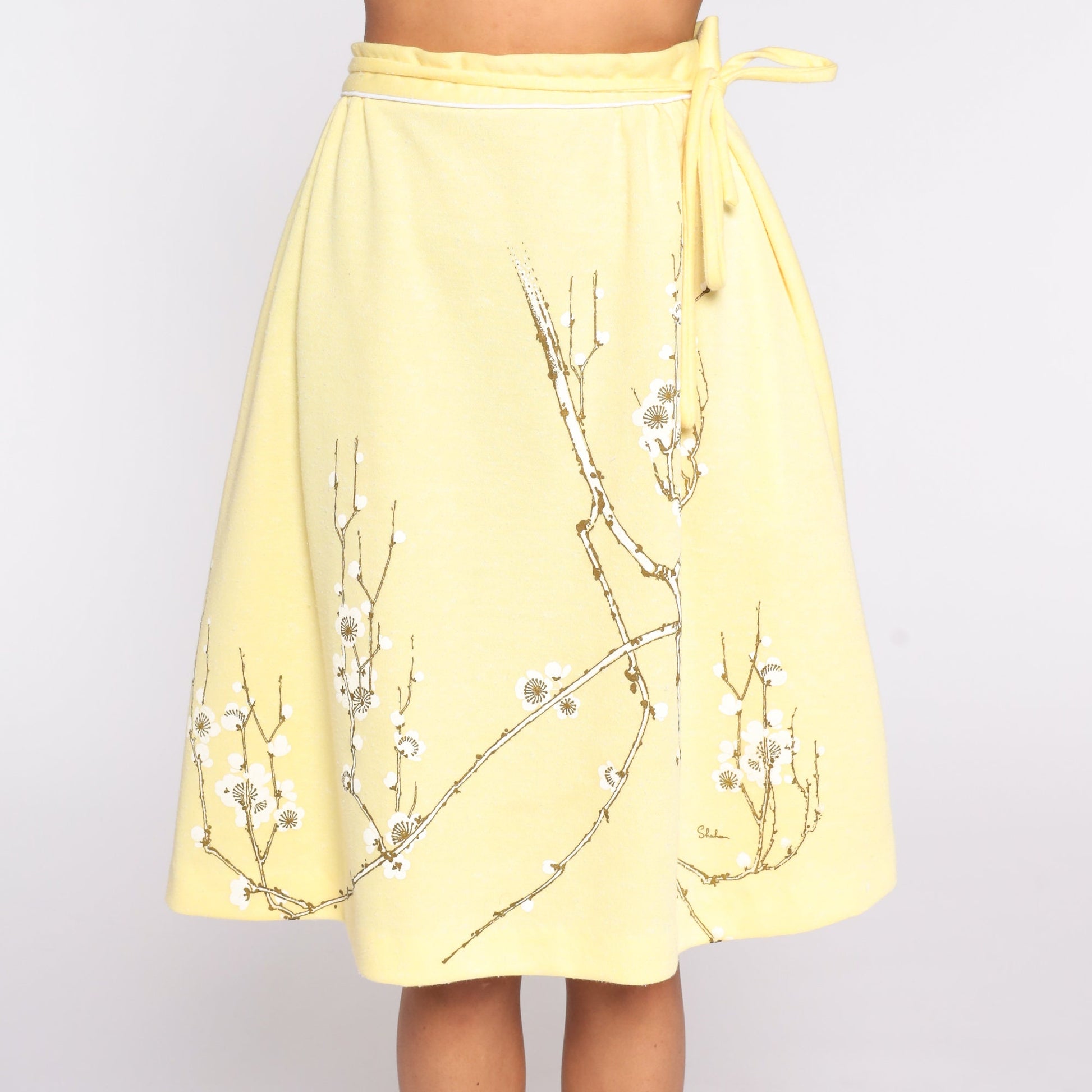70s Alfred Shaheen Floral Midi Skirt Yellow High Waisted Extra Small