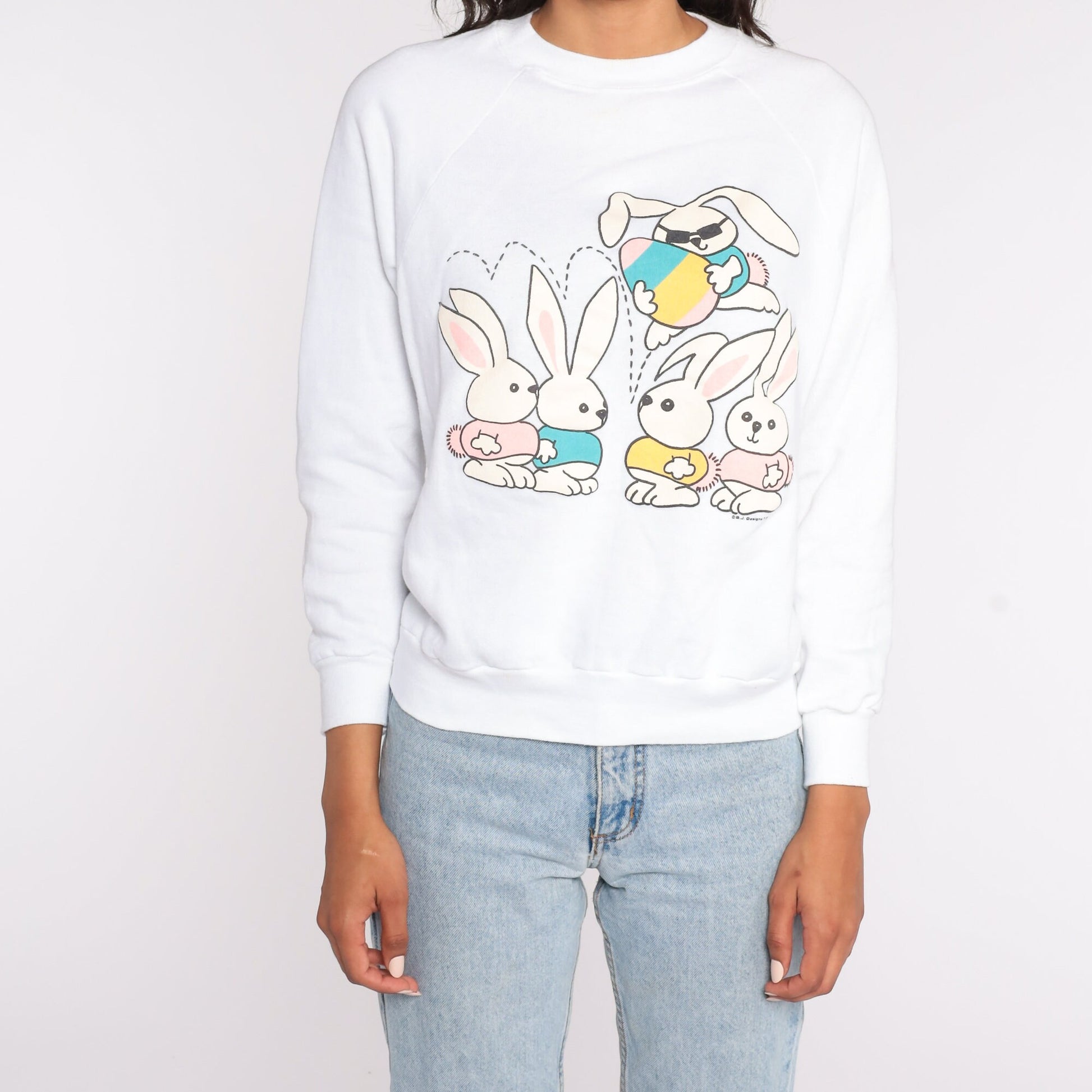 80s Easter Bunny Graphic Sweatshirt Raglan Pastel Animal Print Small