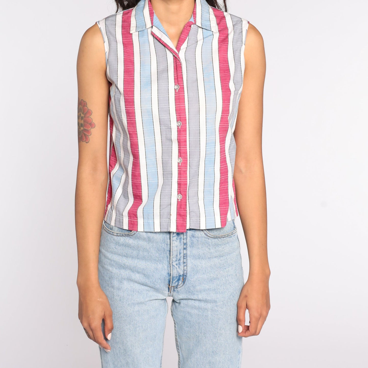70s Striped Sleeveless Button-Up Blouse Cotton Blend Extra Small