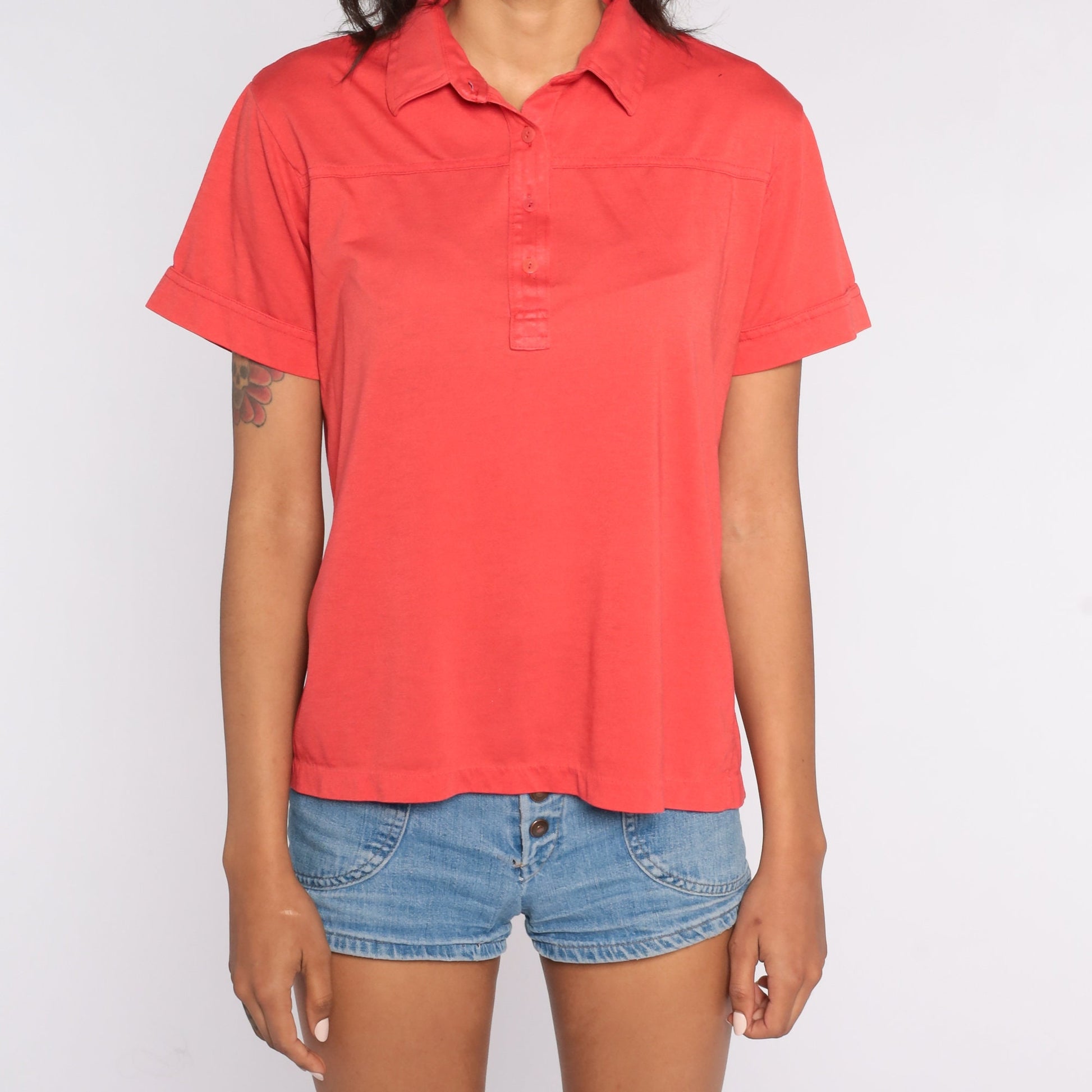 80s Red Polo Shirt Half Button Collared Cotton Blend Medium