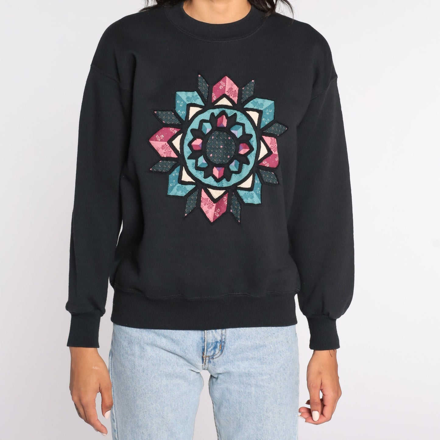 80s Mandala Geometric Print Sweatshirt Black Crewneck Pullover Medium