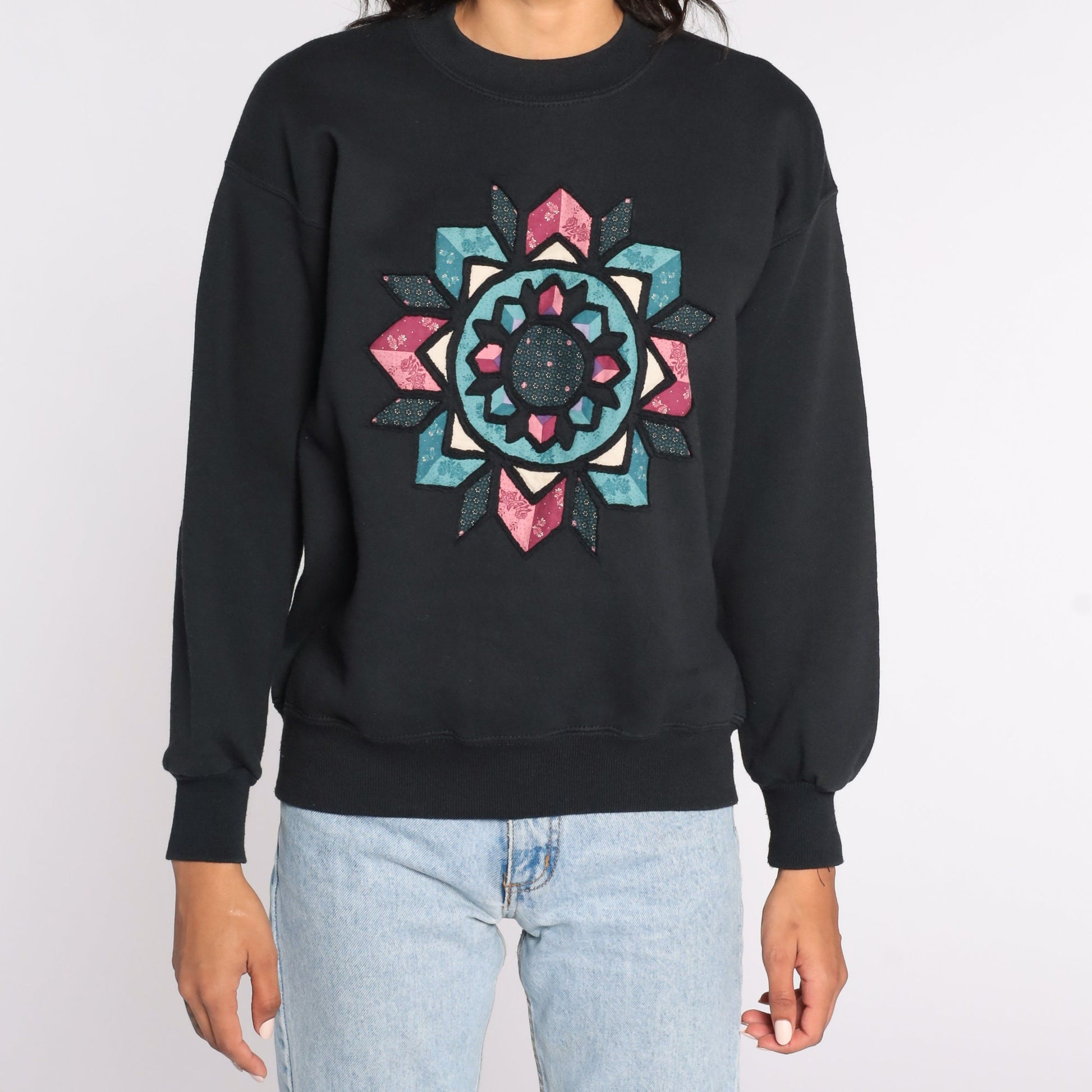 80s Mandala Geometric Print Sweatshirt Black Crewneck Pullover Medium