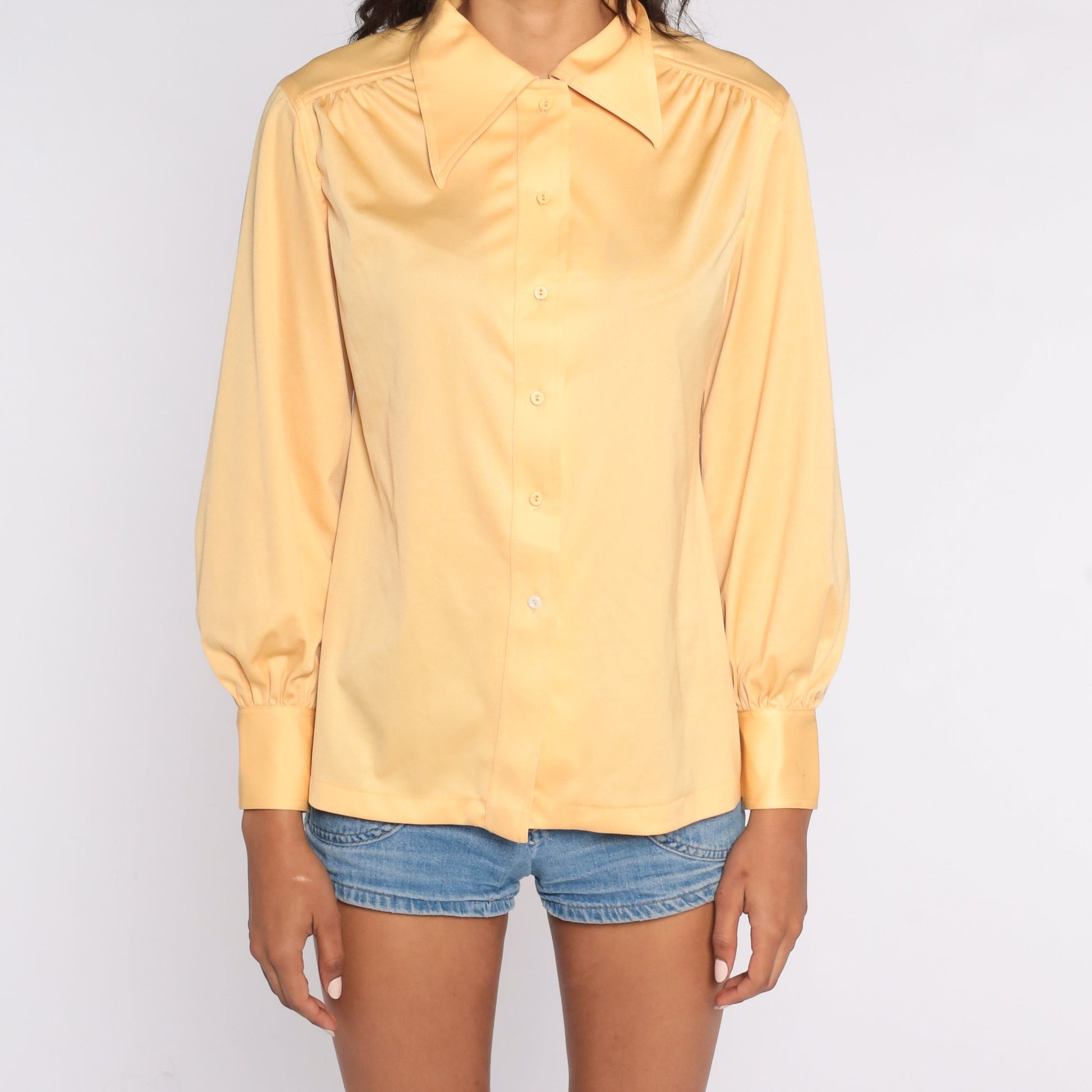 70s Orange Long Sleeve Button Up Shirt Dagger Collar Disco Blouse Medium