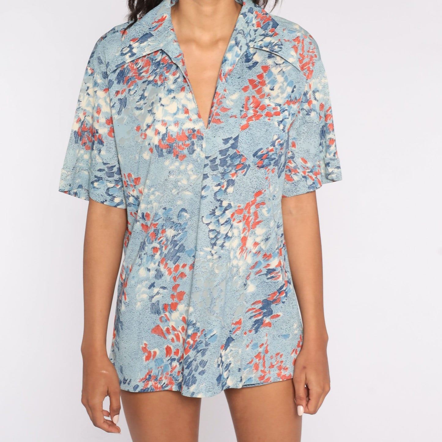 70s Brushstroke Blouse Blue V-Neck Short Sleeve Top Extra Large XXL