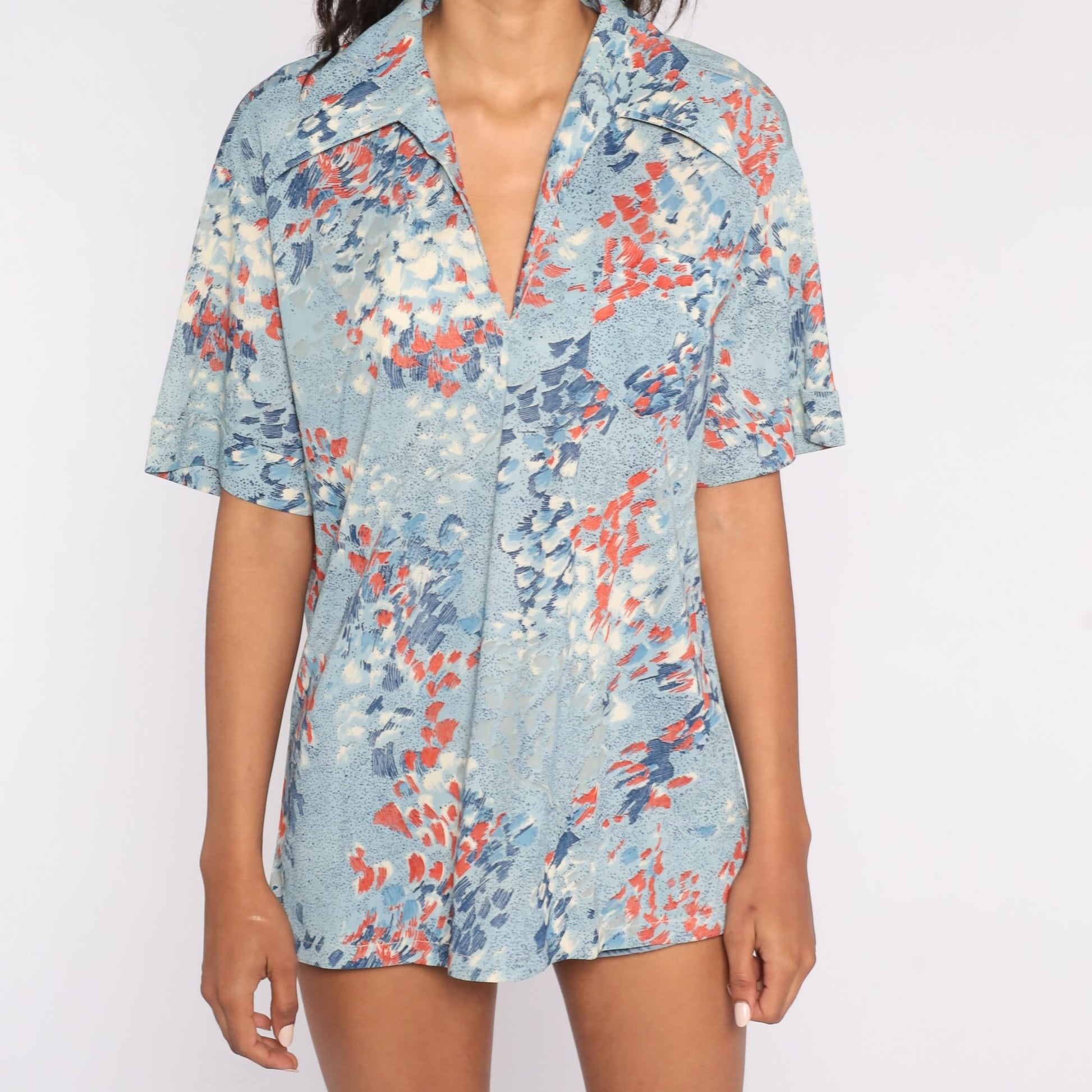 70s Brushstroke Blouse Blue V-Neck Short Sleeve Top Extra Large XXL