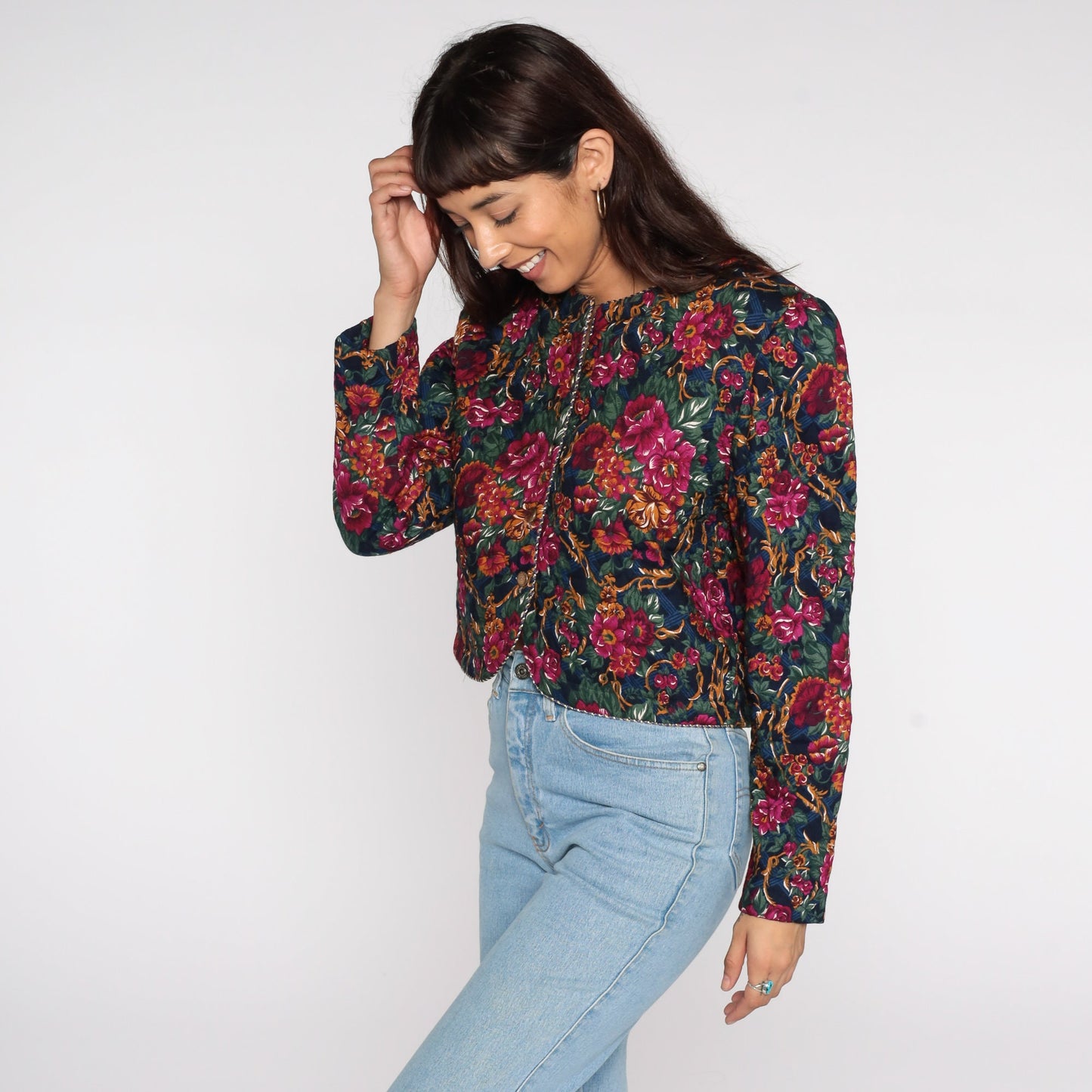 80s Quilted Floral Cropped Jacket Fuchsia Button-Up Medium
