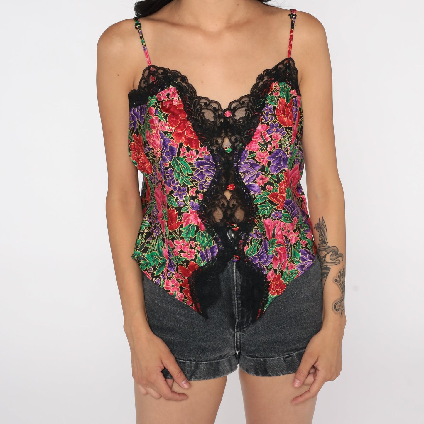 90s Floral Camisole Lace Trim Spaghetti Strap Sleep Top Large