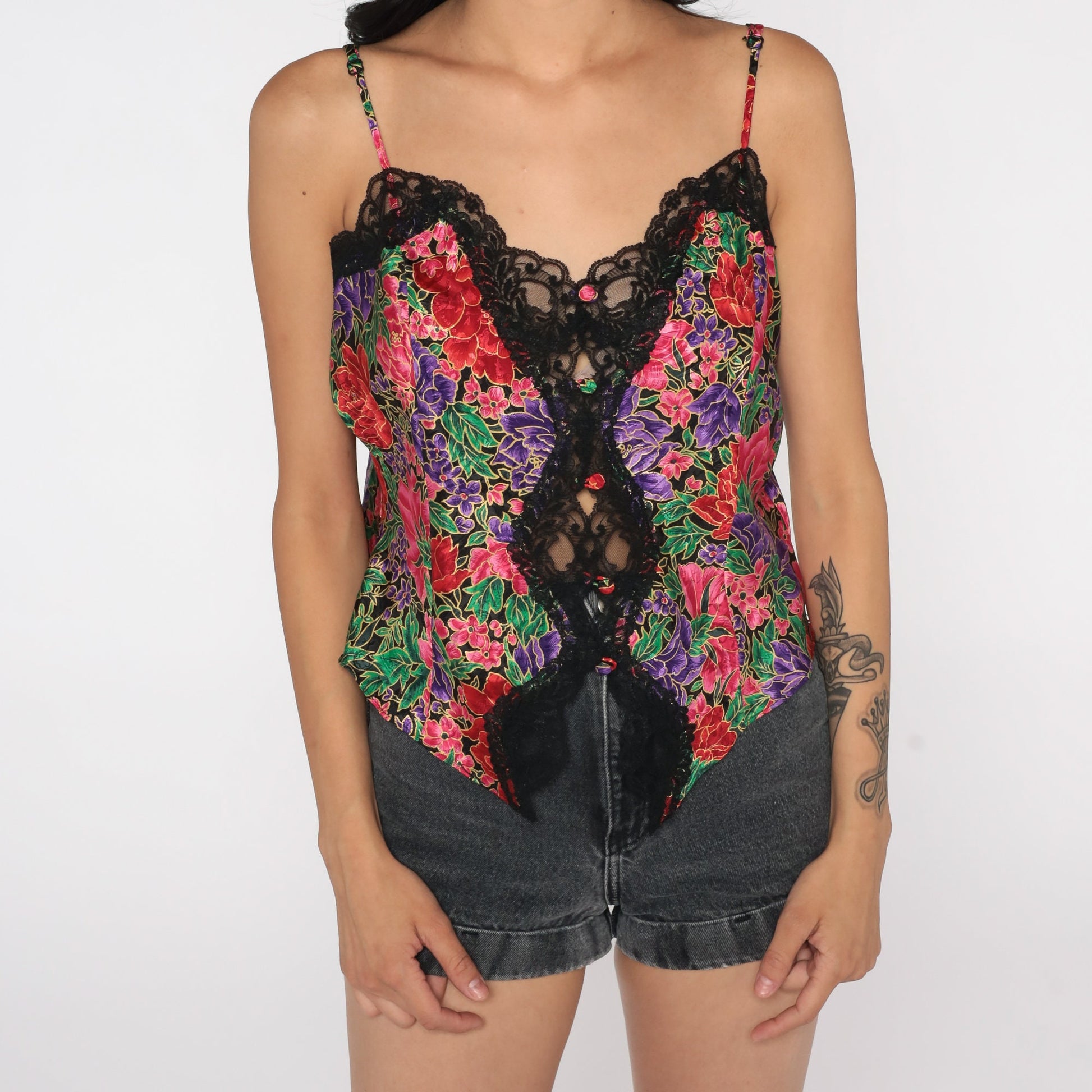 90s Floral Camisole Lace Trim Spaghetti Strap Sleep Top Large