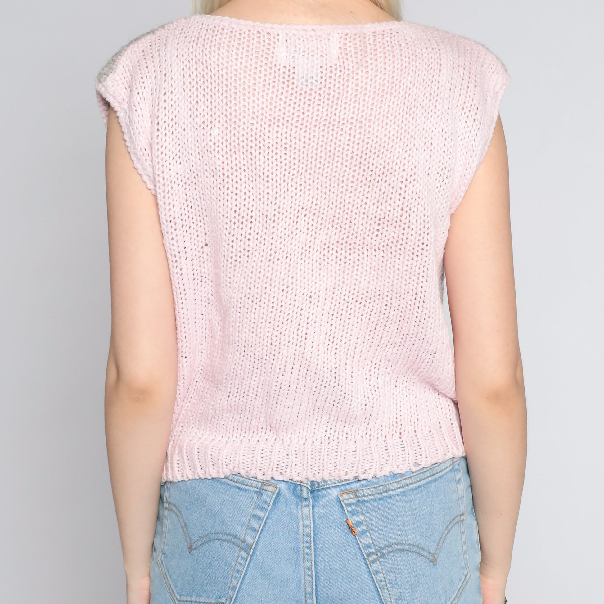 80s Geometric Colour Block Knit Top Baby Pink Cap Sleeve Medium