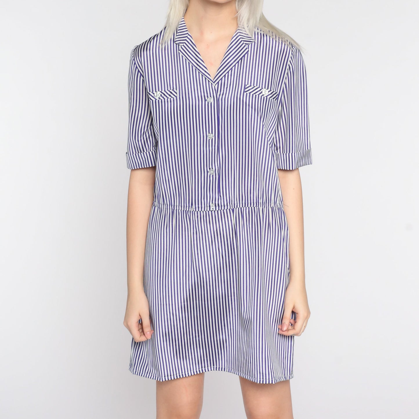 80s Purple White Striped Mini Dress Button Up Short Sleeve Small Medium