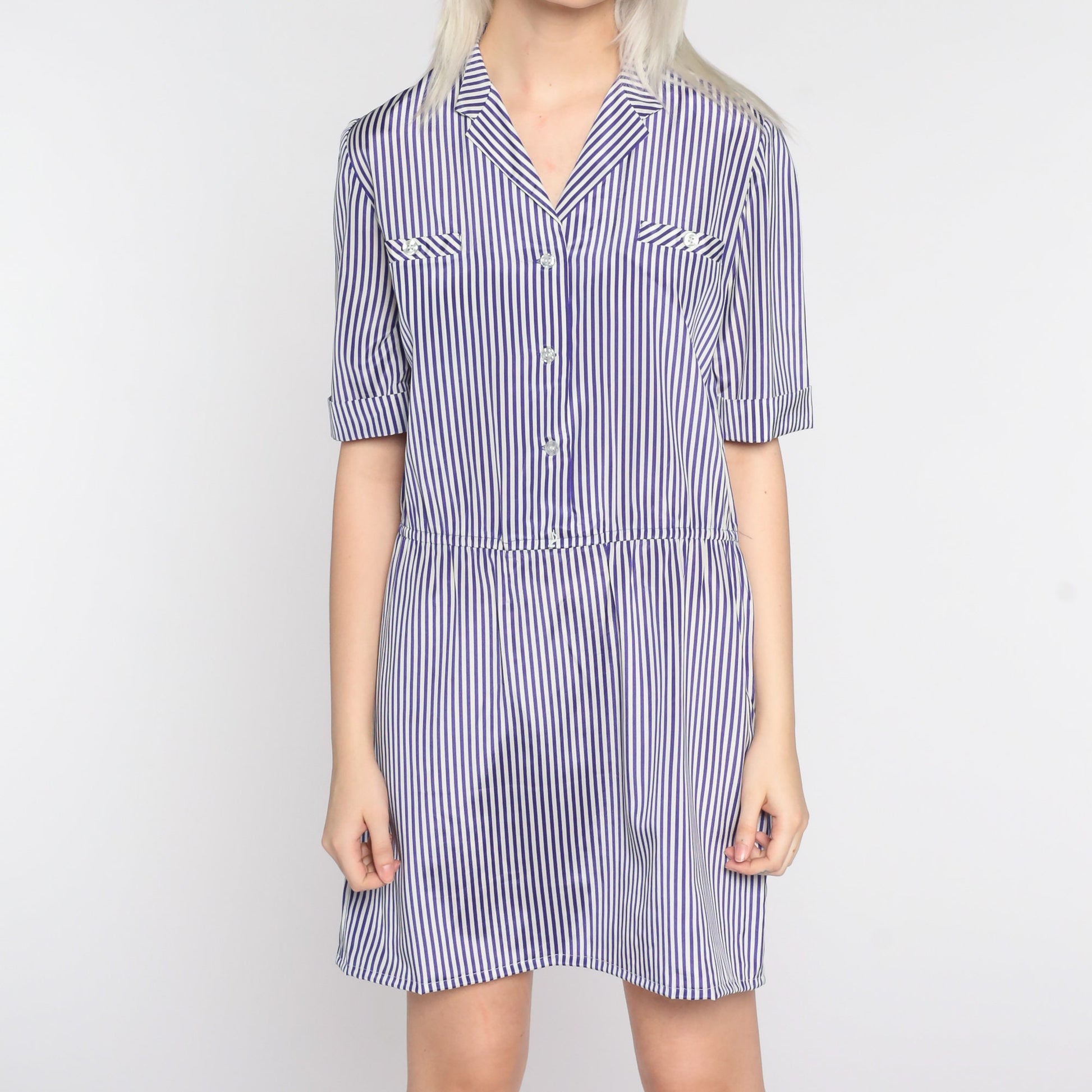 80s Purple White Striped Mini Dress Button Up Short Sleeve Small Medium