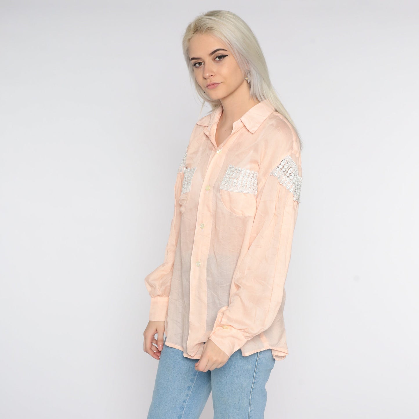 90s Sheer Crochet Lace Button-Up Blouse Peach Pink Long Sleeve Extra Large