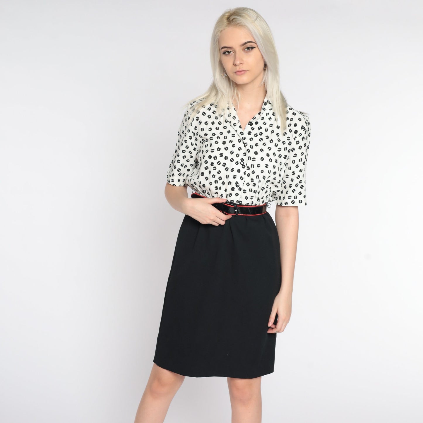 80s Black White Geometric Mini Shirtdress High Waist Button Front Extra Small