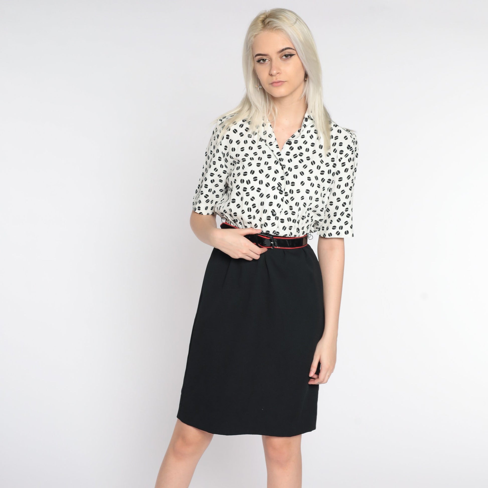 80s Black White Geometric Mini Shirtdress High Waist Button Front Extra Small