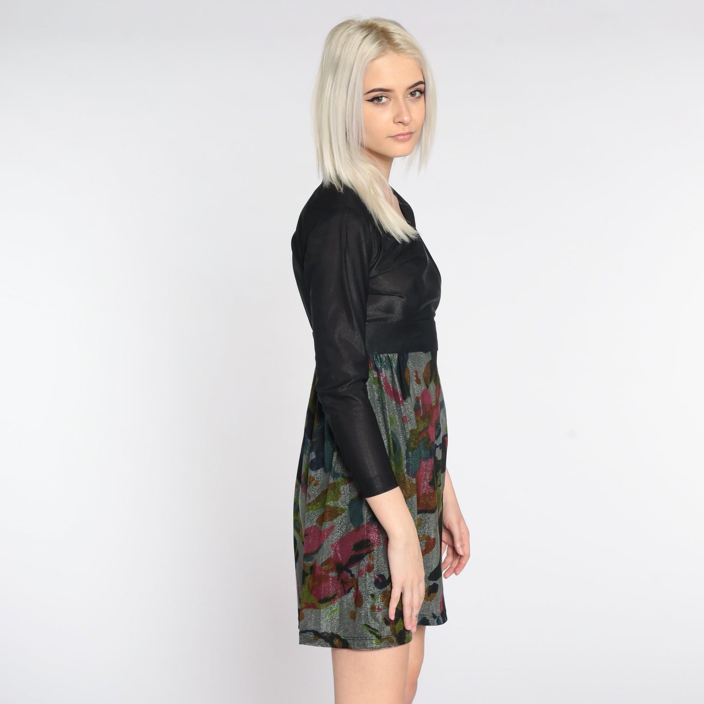 70s Black Metallic Mini Dress Long Sleeve Empire Waist Small