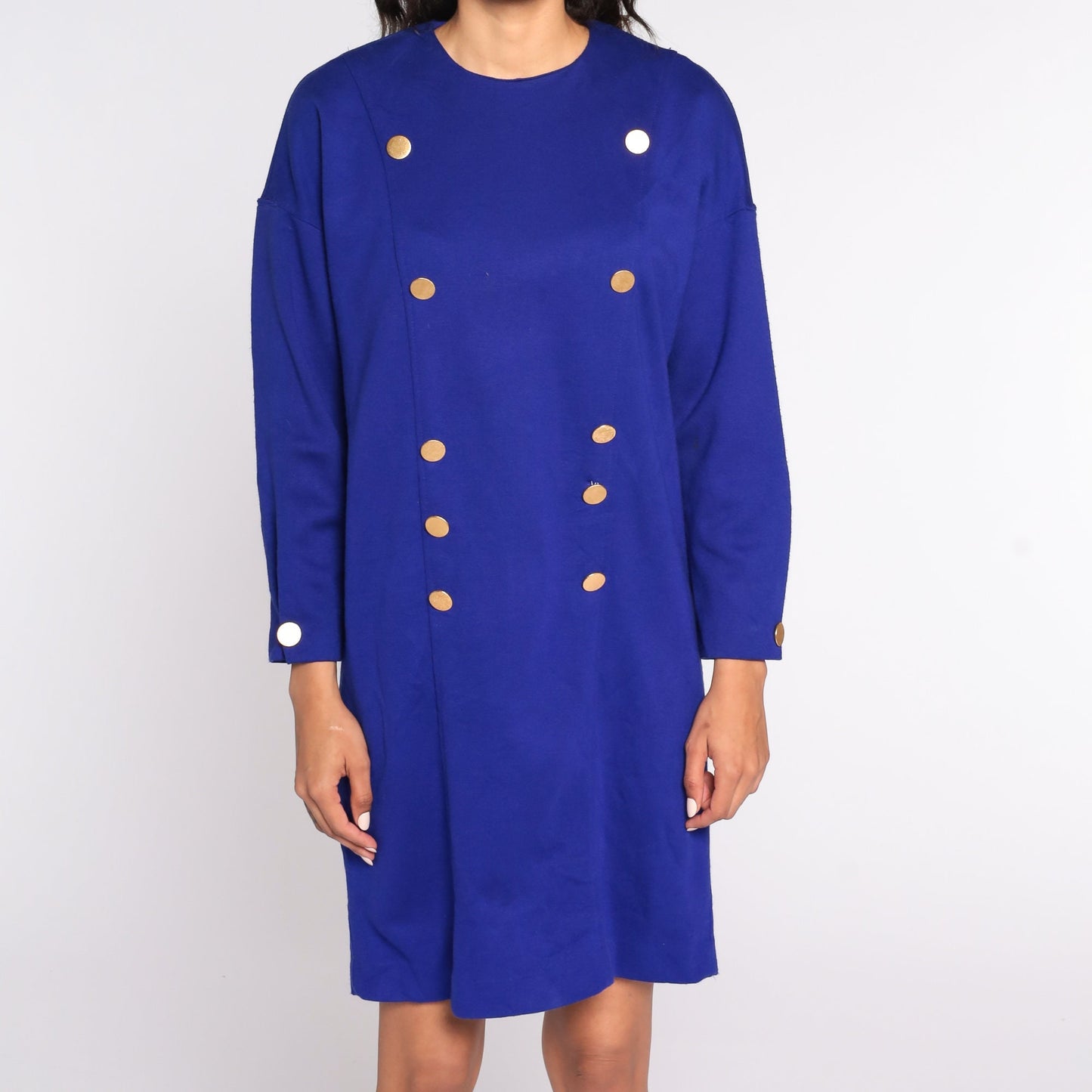 80s Royal Blue Double Breasted Mini Dress Button Up Secretary Small S