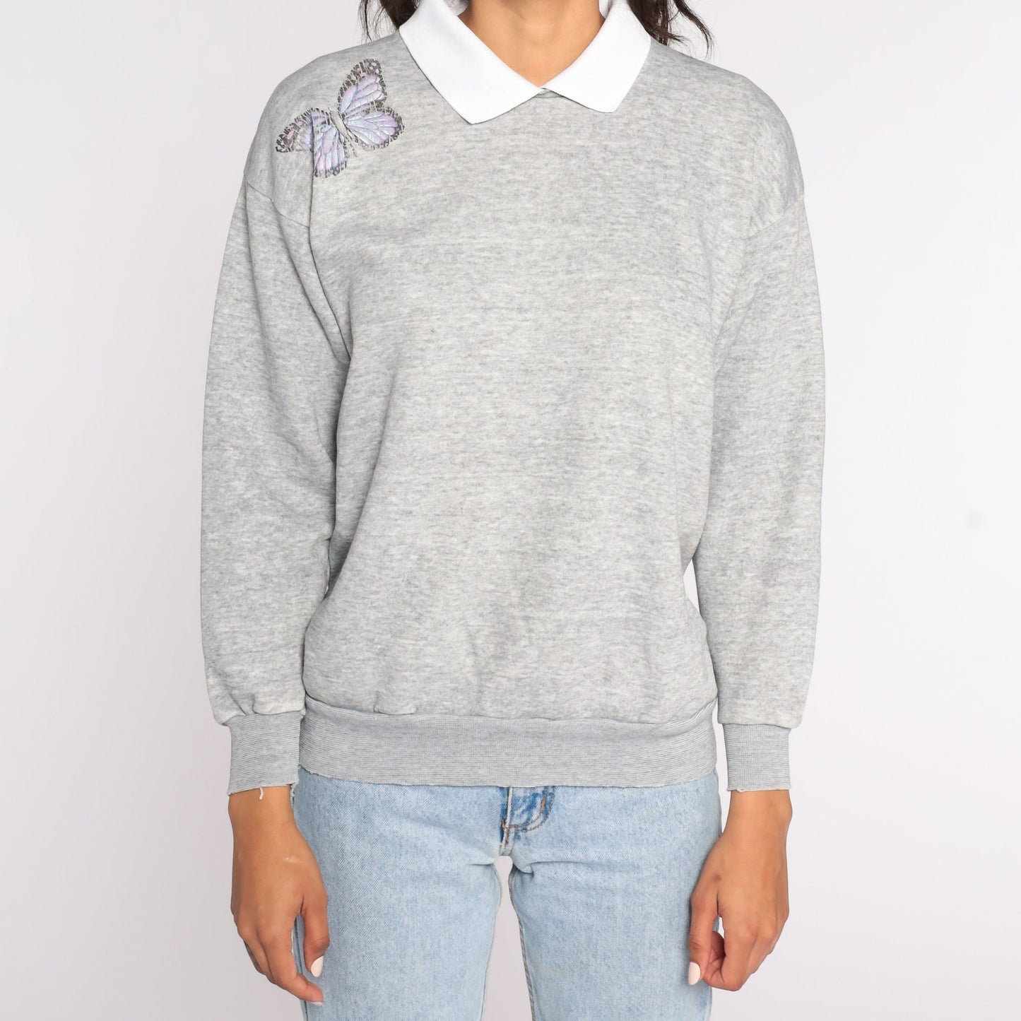 80s Butterfly Collared Sweatshirt Grey Graphic Pullover Medium