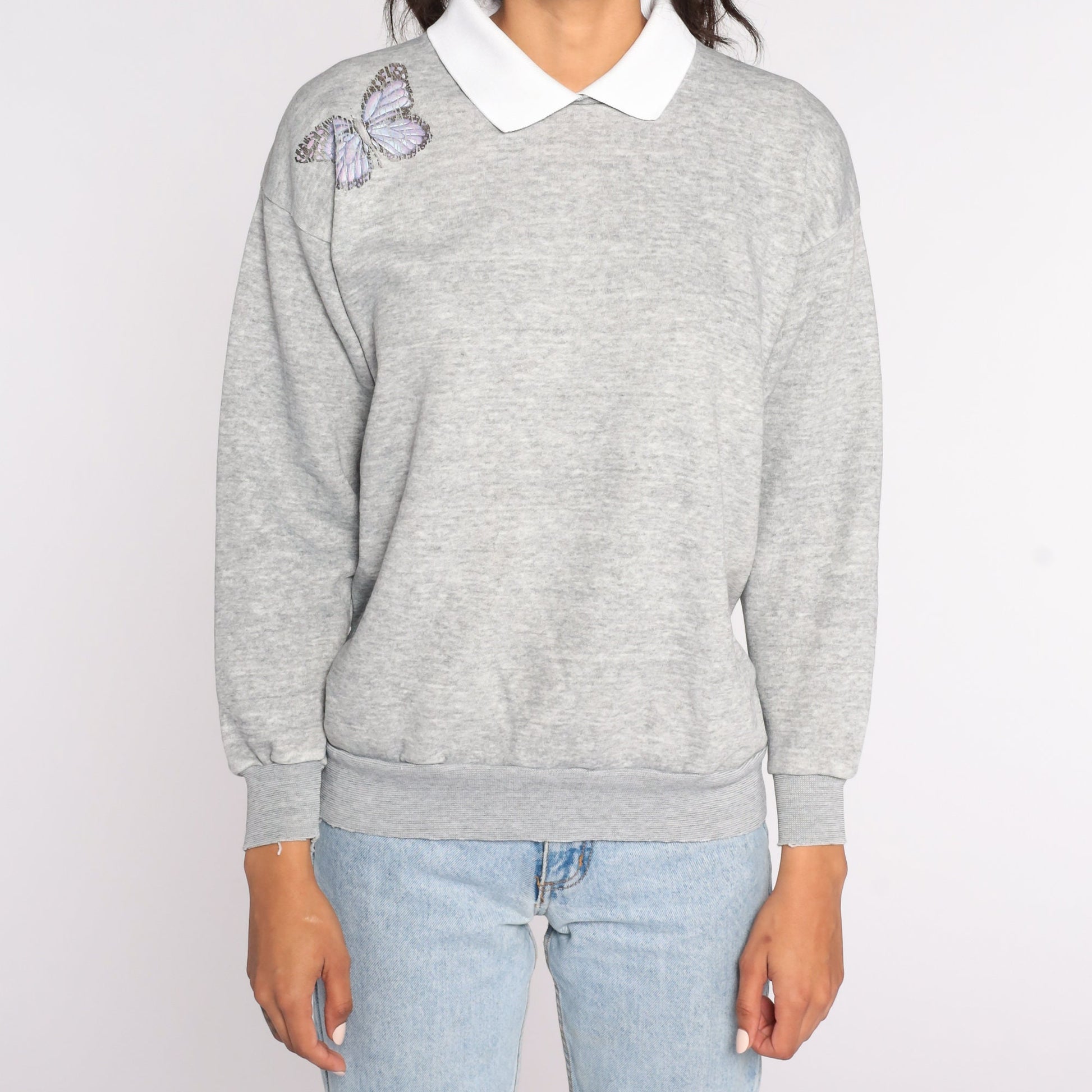 80s Butterfly Collared Sweatshirt Grey Graphic Pullover Medium