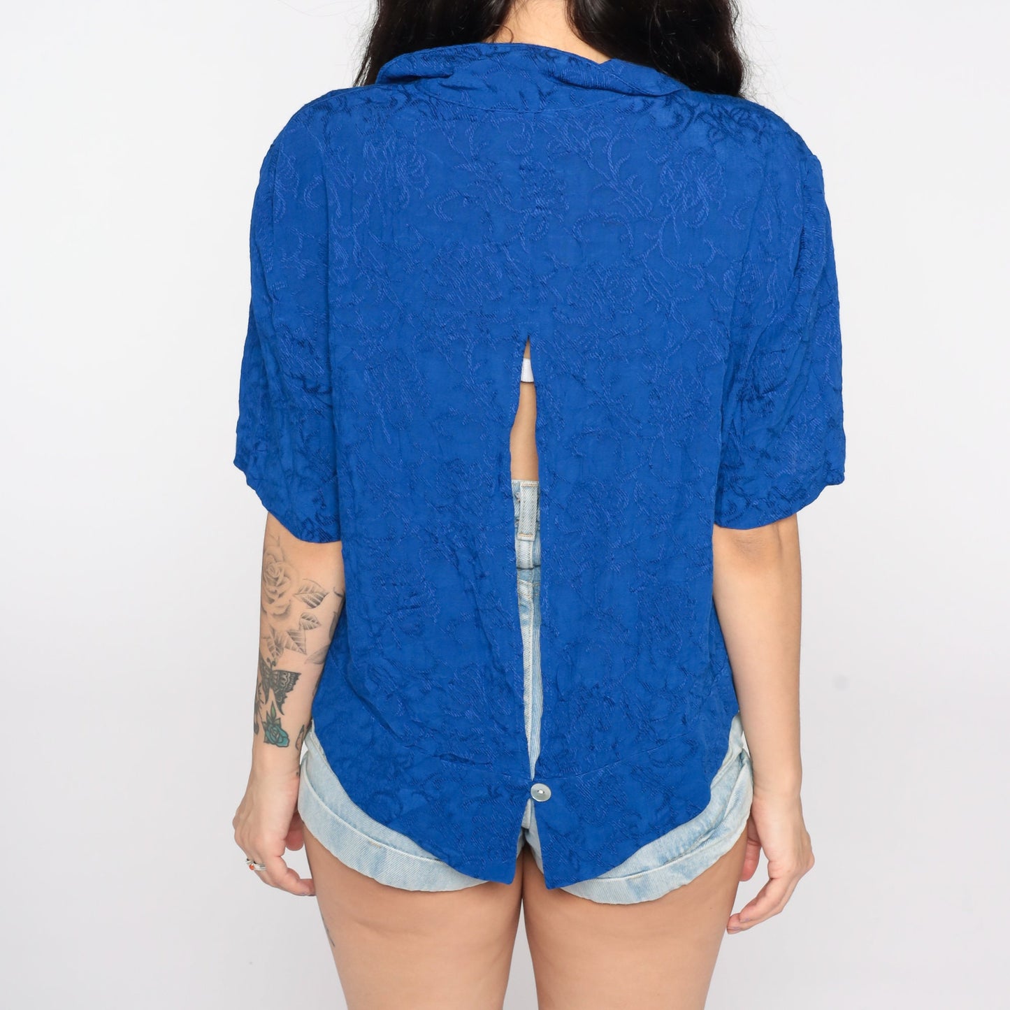 80s Royal Blue Floral Embossed Button-Up Blouse Cutout Back Medium