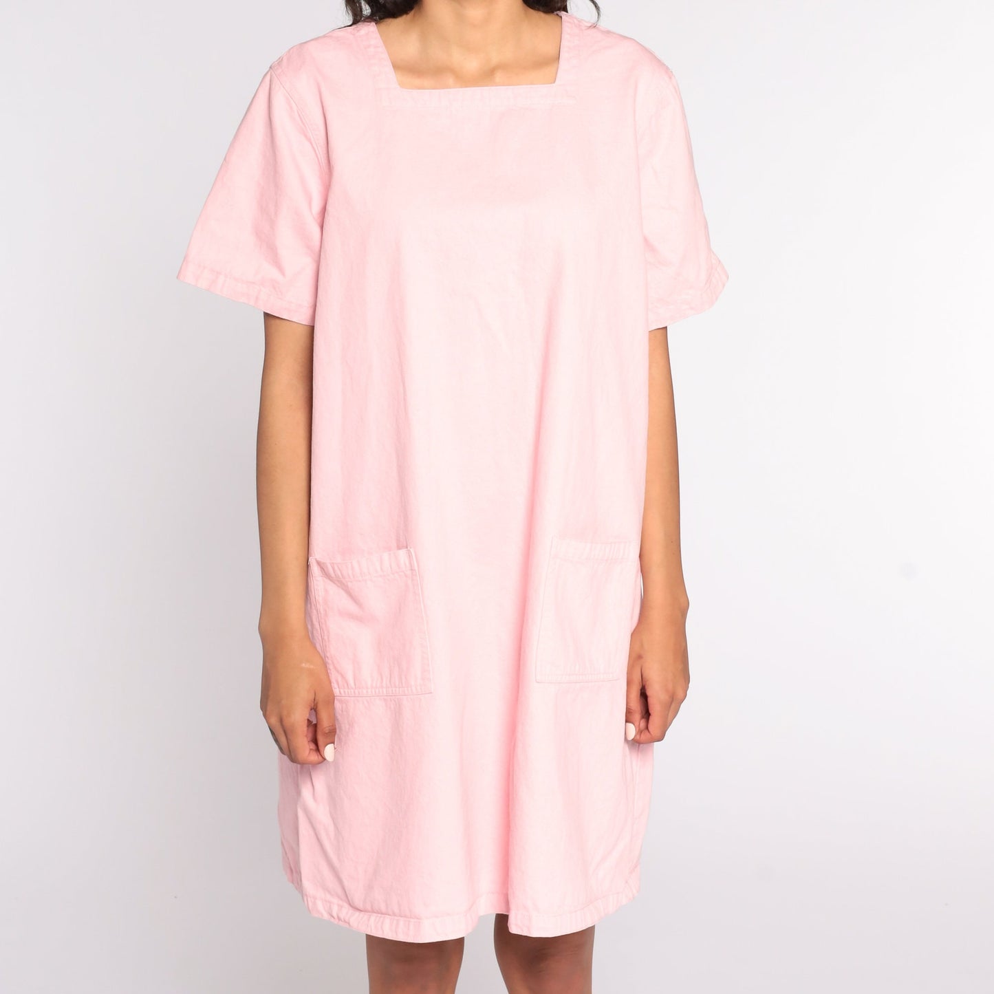 90s Baby Pink Shift Dress Cotton Pocket Mini Extra Large XL