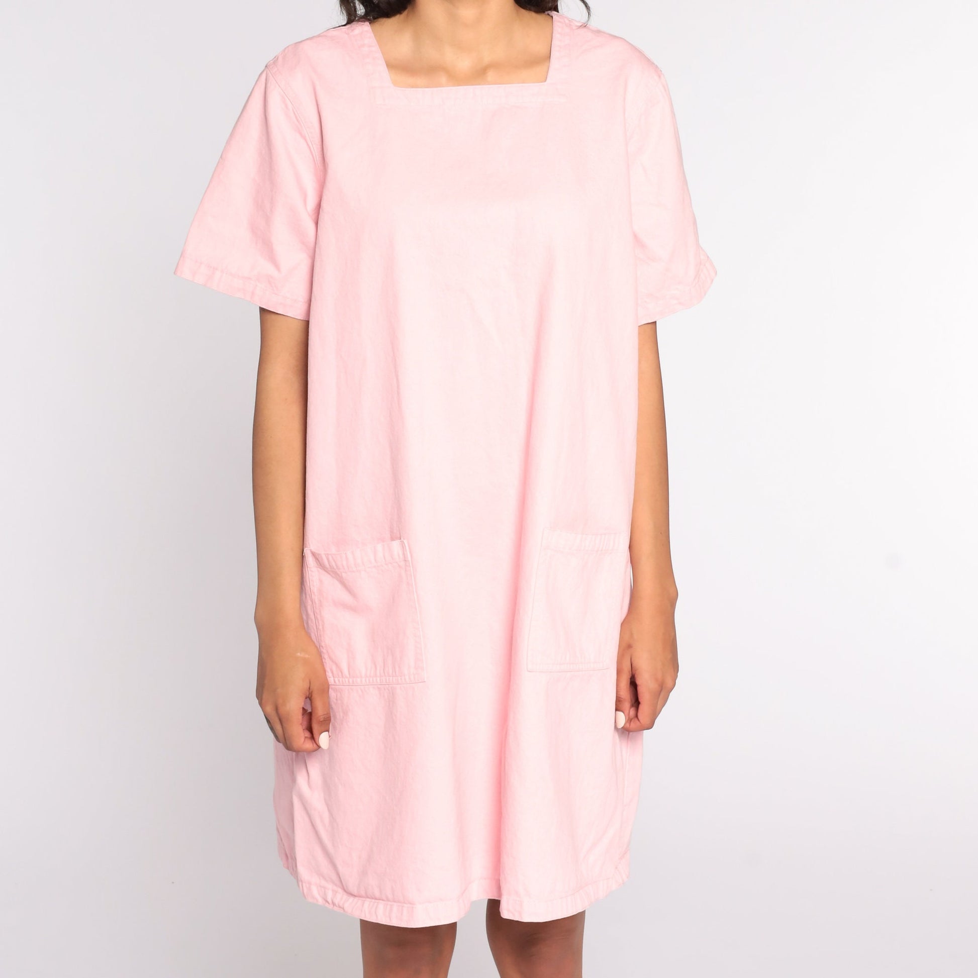 90s Baby Pink Shift Dress Cotton Pocket Mini Extra Large XL