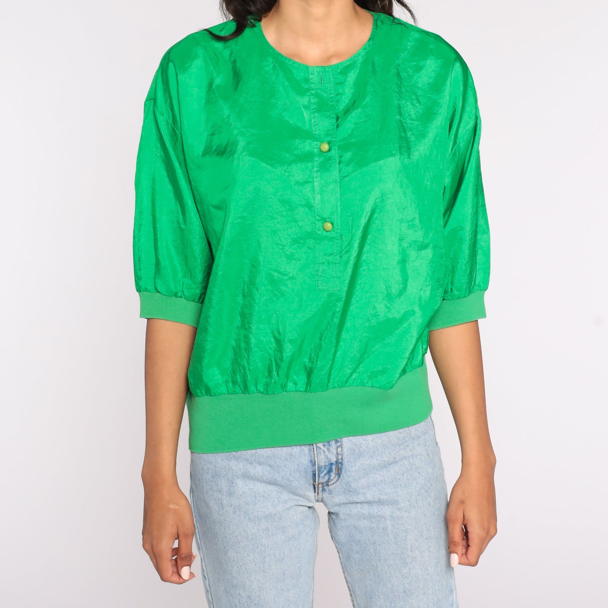 80s Shiny Green Button Neck Blouse Short Sleeve Large