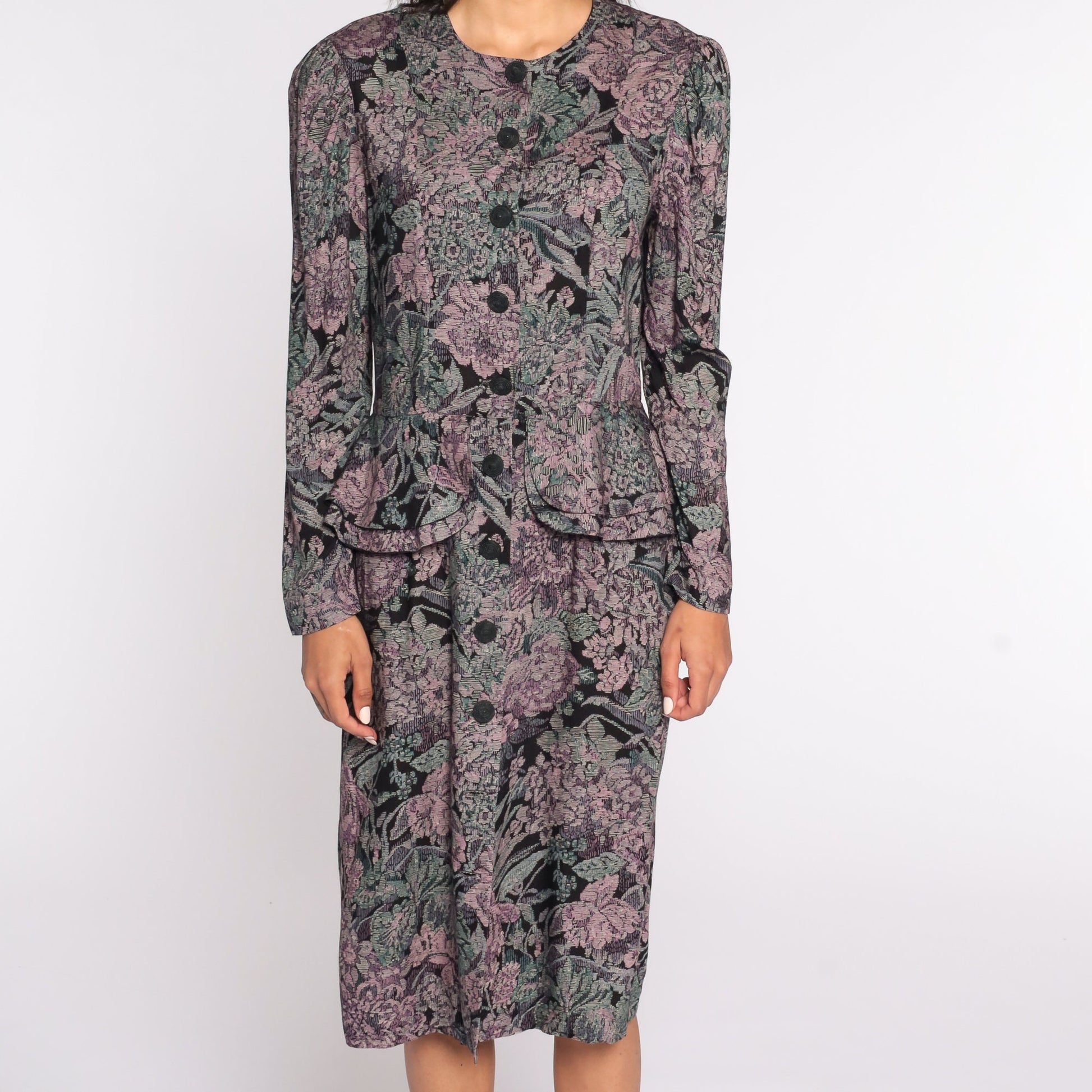 80s Floral Tapestry Midi Dress Puff Sleeve Button-Up Black Purple Medium