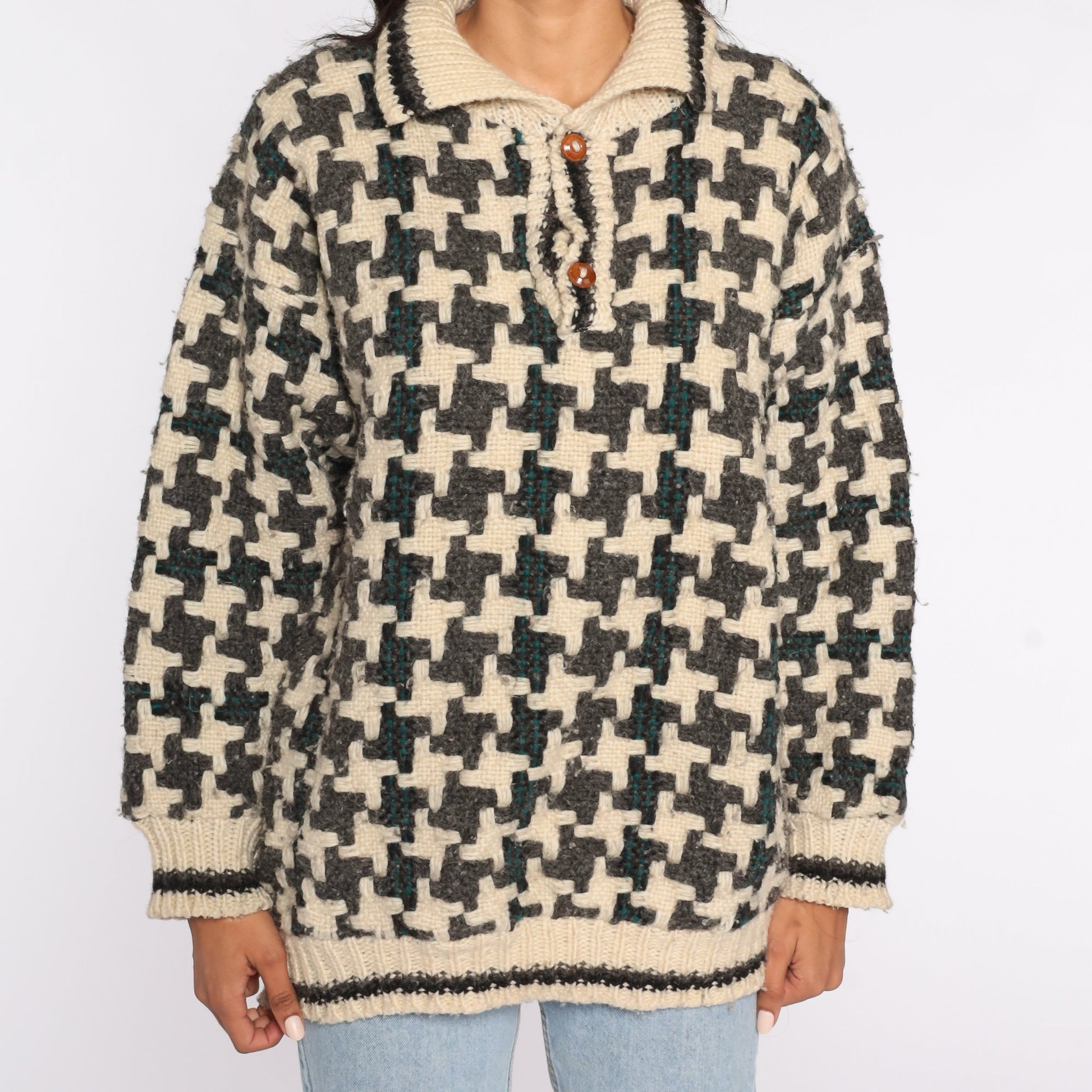 80s Wool Geometric Houndstooth Sweater Cream Grey Pullover Large