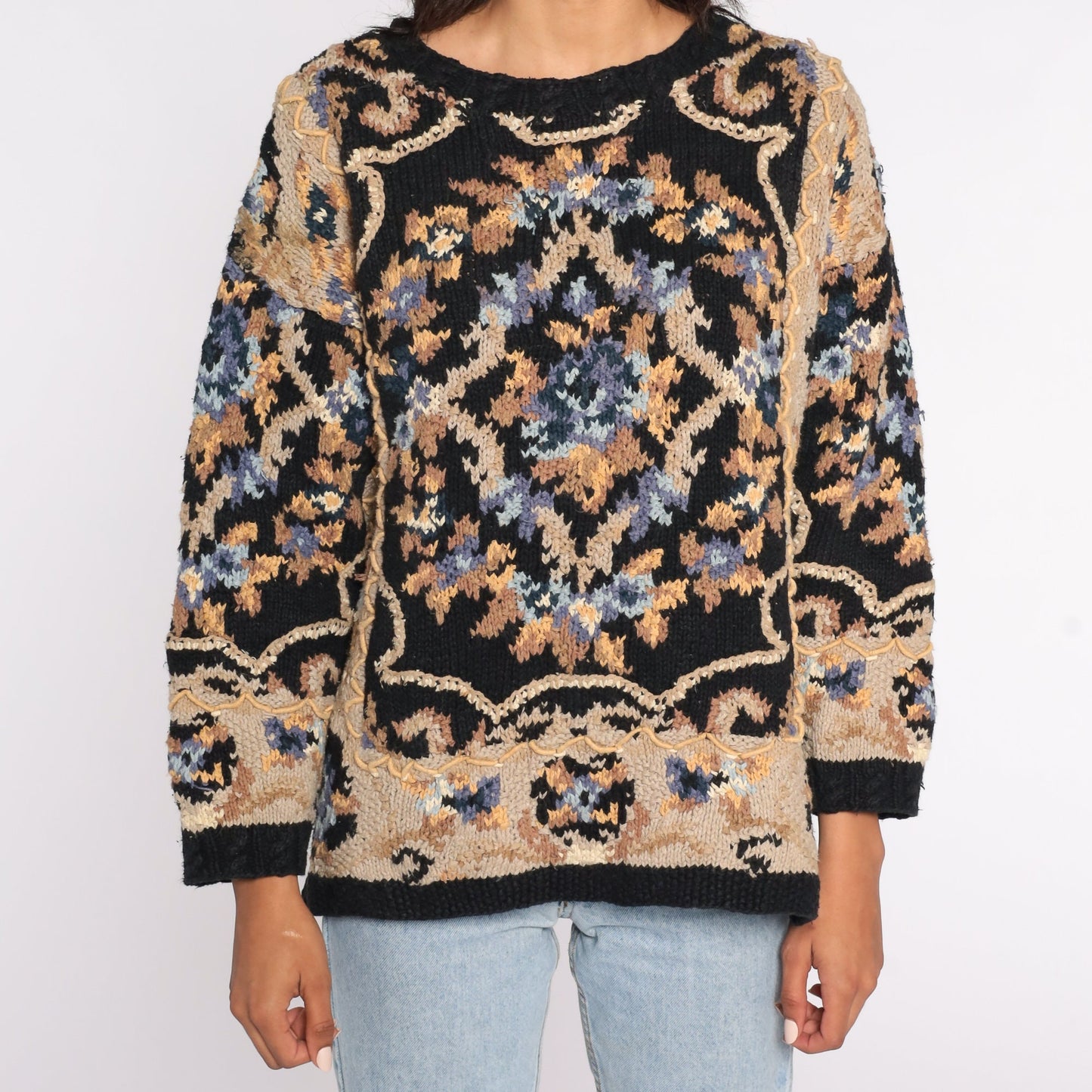 90s Black Floral Print Sweater Cotton Ramie Knit Pullover Large L